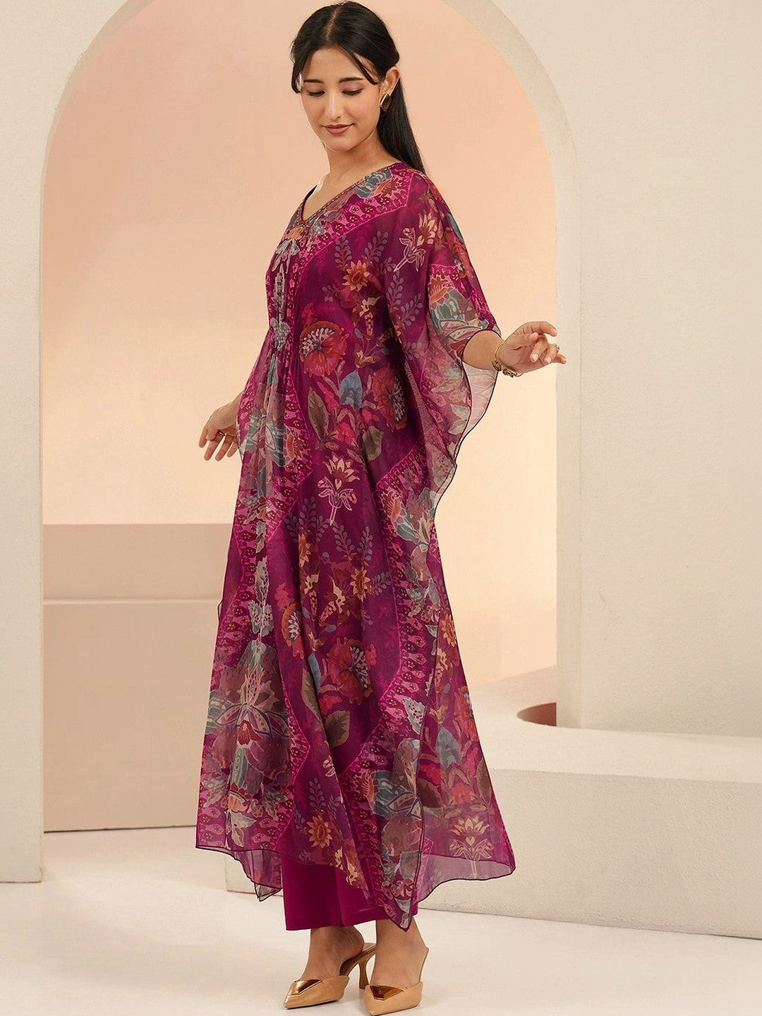 Burgundy Floral Printed 3 Piece Chiffon Kaftan Kurta Set