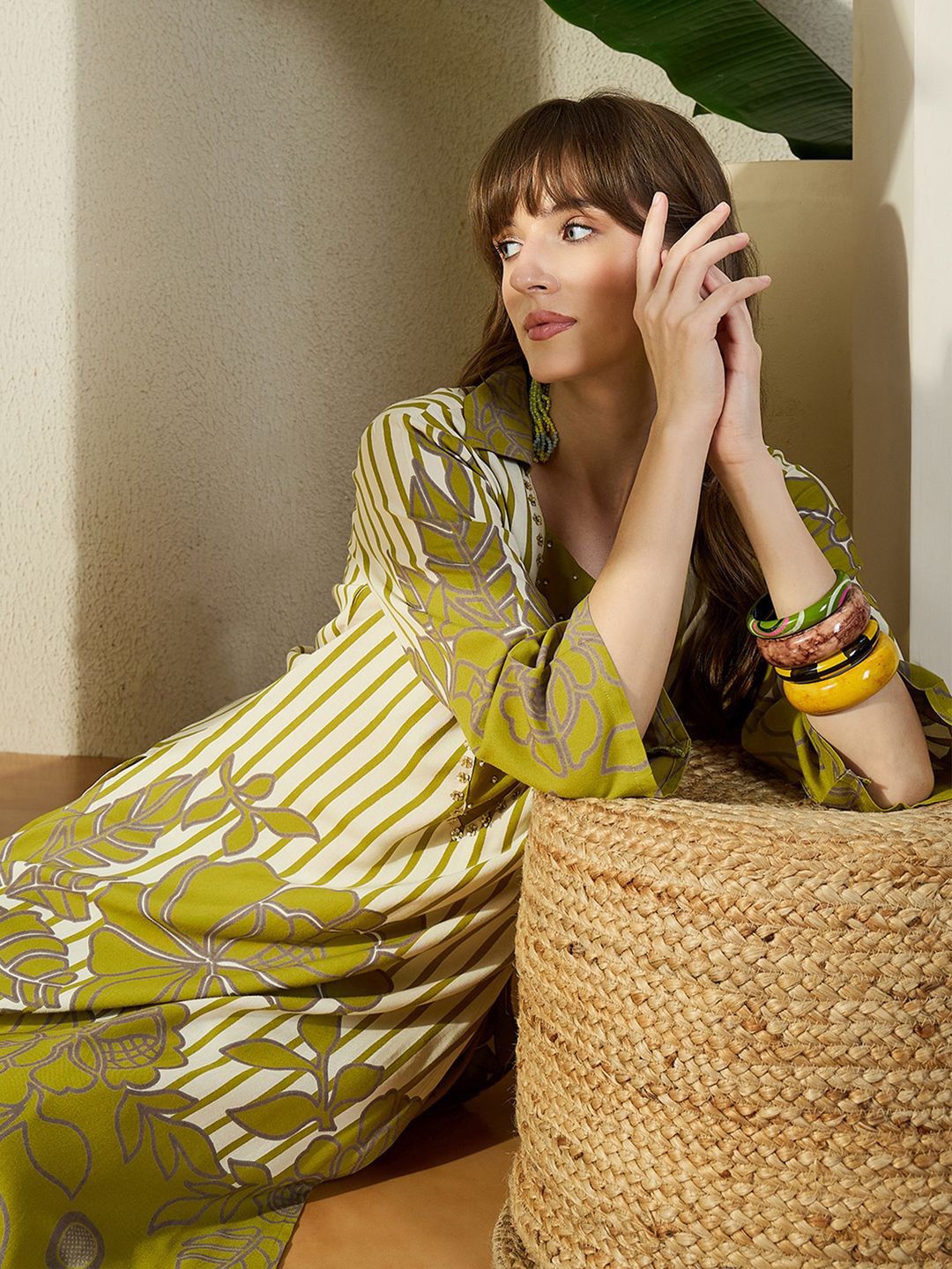 Dhiyona IE Printed Shirt Collar Top With Trouser