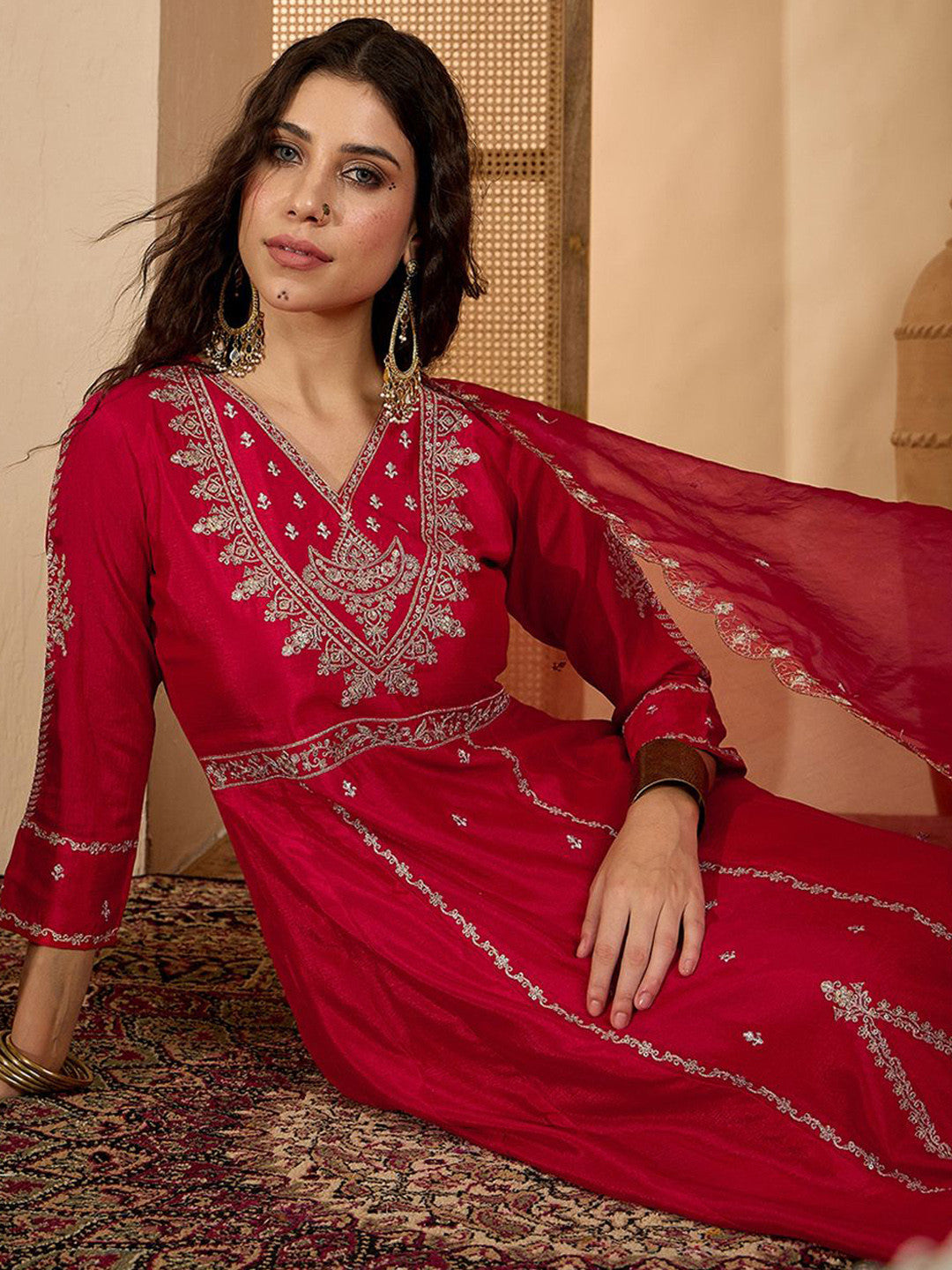 Women Zari Sequence Embroidered A-Line Kurta & Trousers With Dupatta