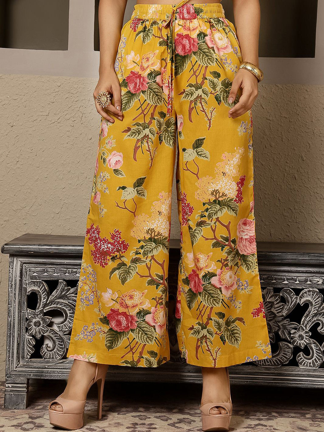 Women Floral Printed Pure Cotton Anarkali Kurta with Trouser & Dupatta
