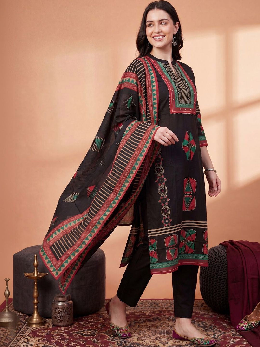 Women Ethnic Motifs Printed Regular Pure Cotton Kurta with Trousers & With Dupatta