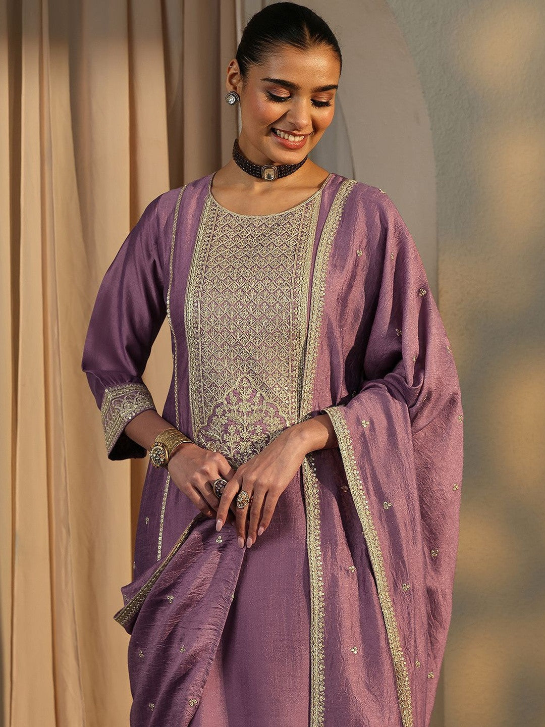 Women Ethnic Motifs Embroidered Regular Thread Work Kurta with Trousers & With Dupatta