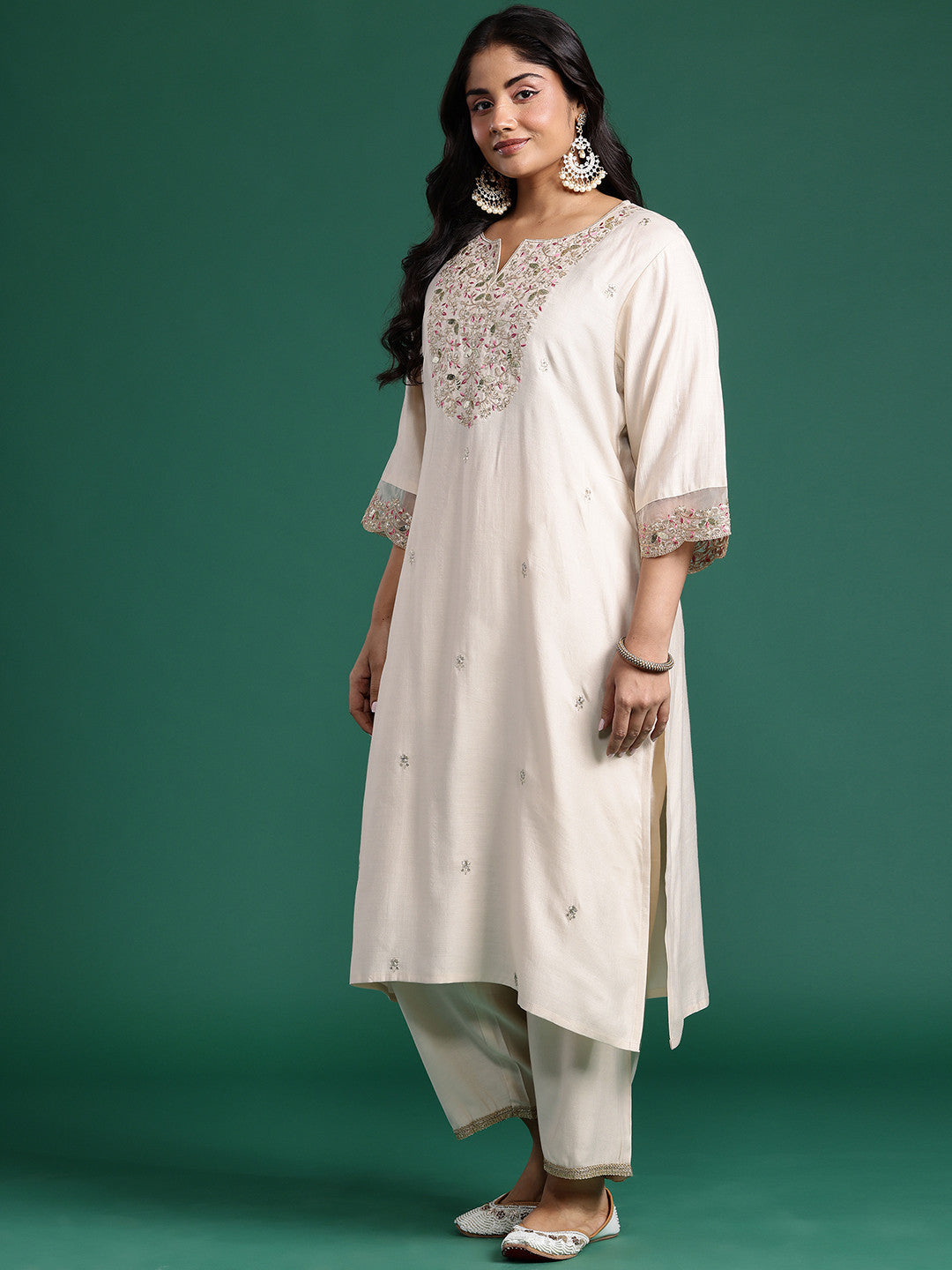 Plus Size Embroidered Kurta with Trousers & Dupatta