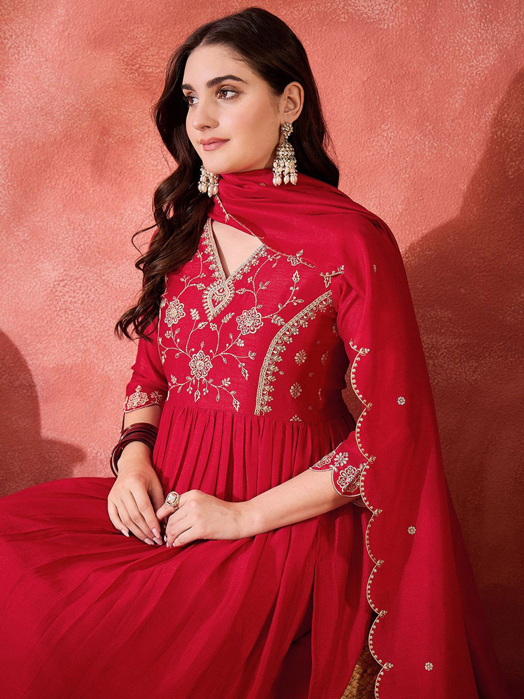 Zari Sequence Cut Work Emboridered Kurta Set With Dupatta