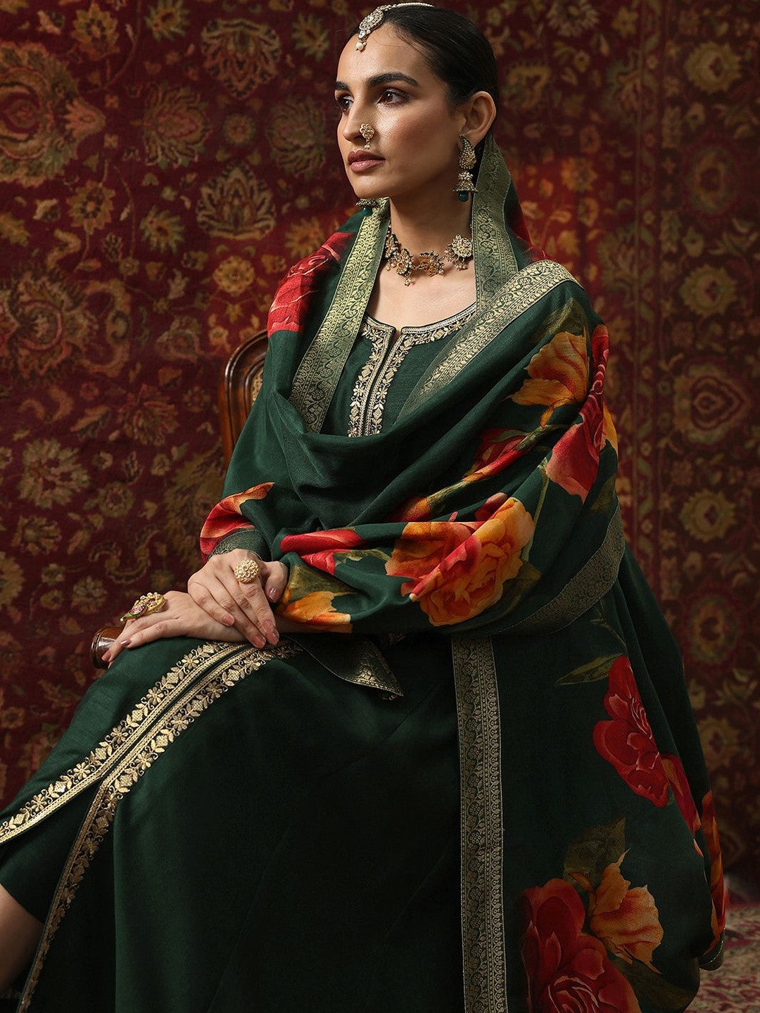 Ethnic Motifs Embroidered Round Neck Zari A-Line Kurta With Trousers & Dupatta