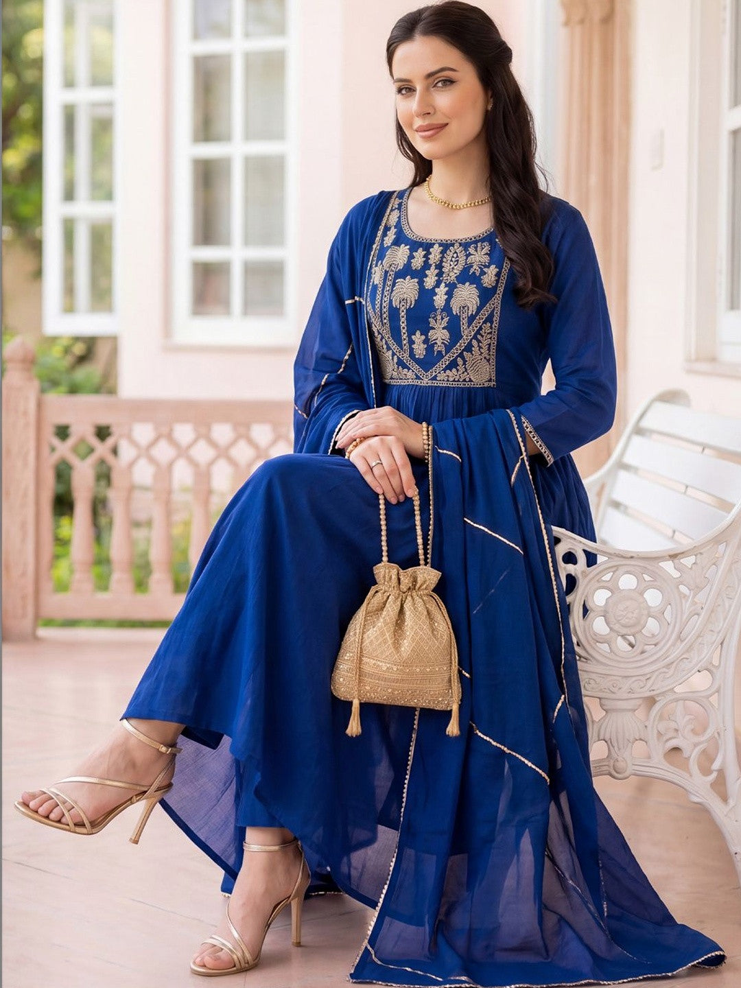 Women Ethnic Motifs Embroidered Tiered Thread Work Kurta with Trousers & With Dupatta