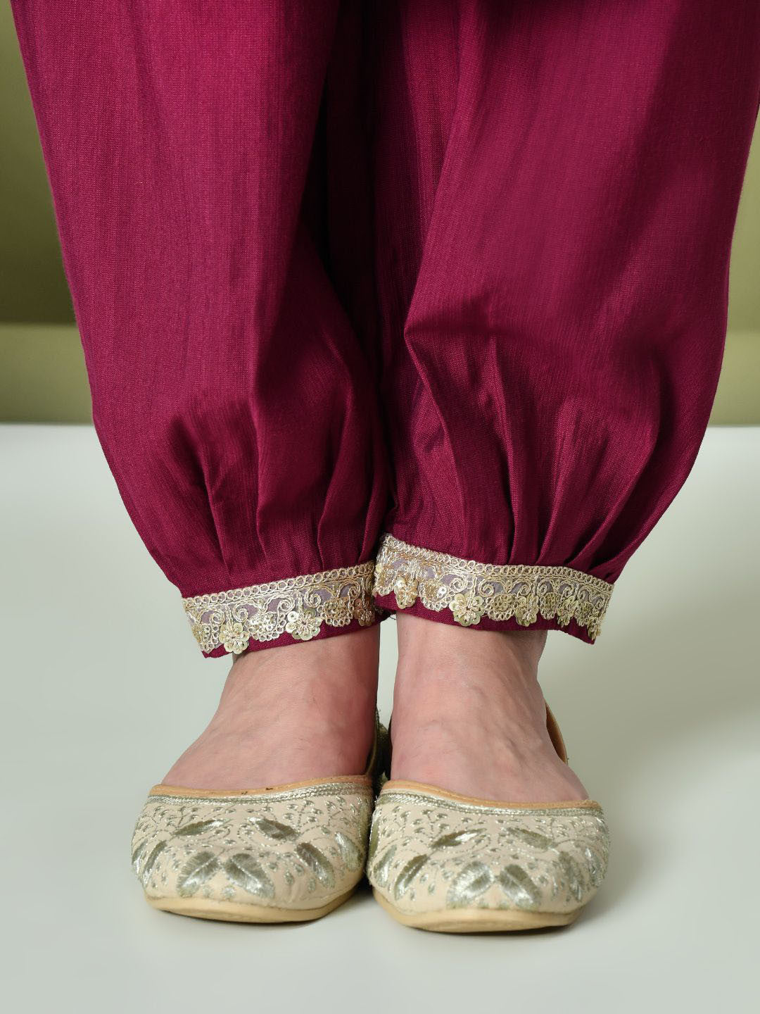 Magenta Flared Sleeves Thread Work Straight Kurta With Salwar & Dupatta