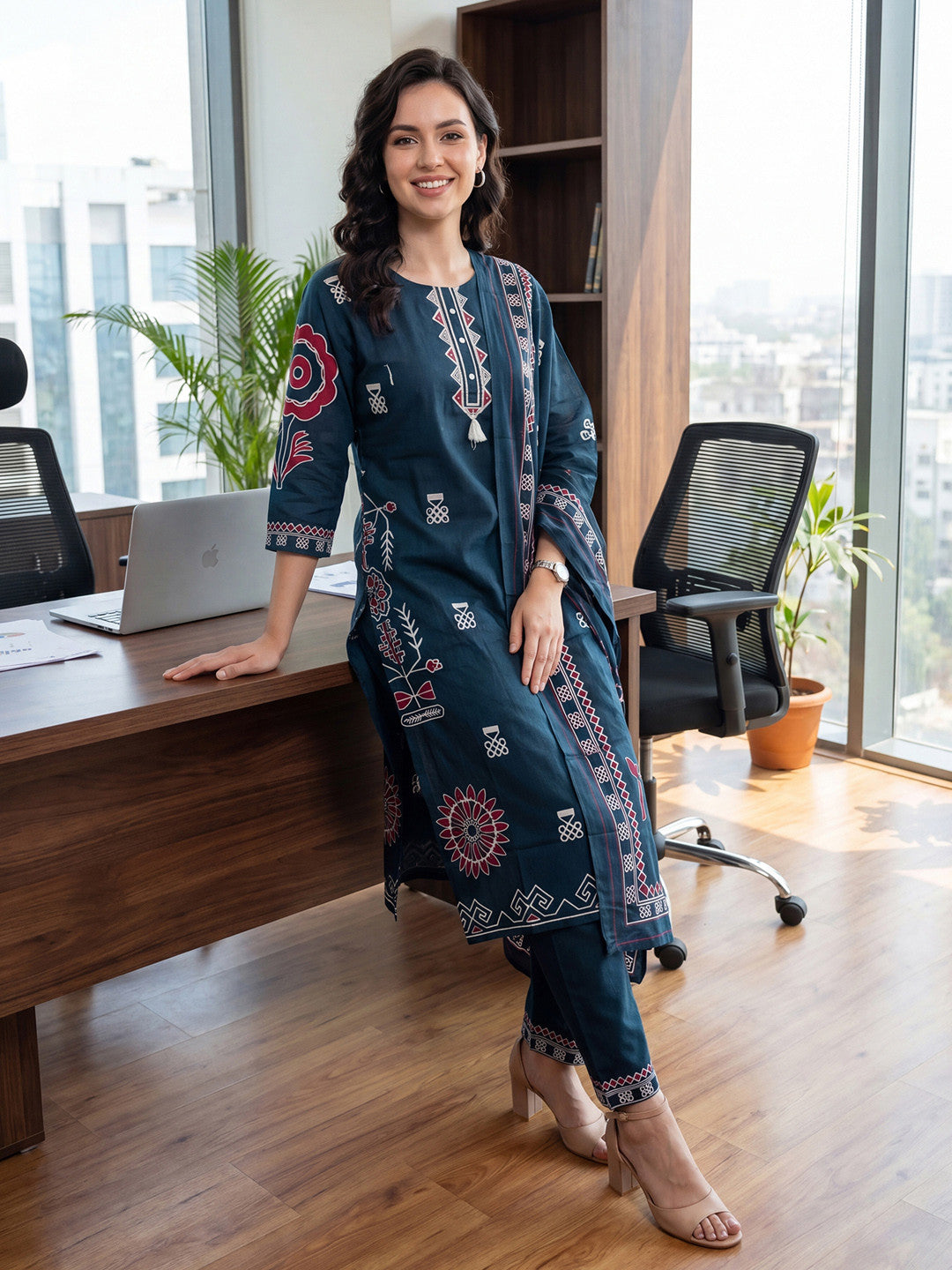 Women Ethnic Motifs Printed Regular Thread Work Pure Cotton Kurta with Trousers & With Dupatta