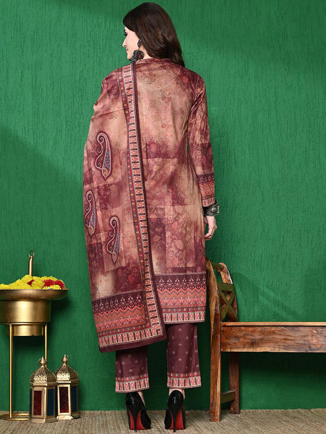 Paisley Printed Winter Velvet Straight Kurta & Trouser With Dupatta