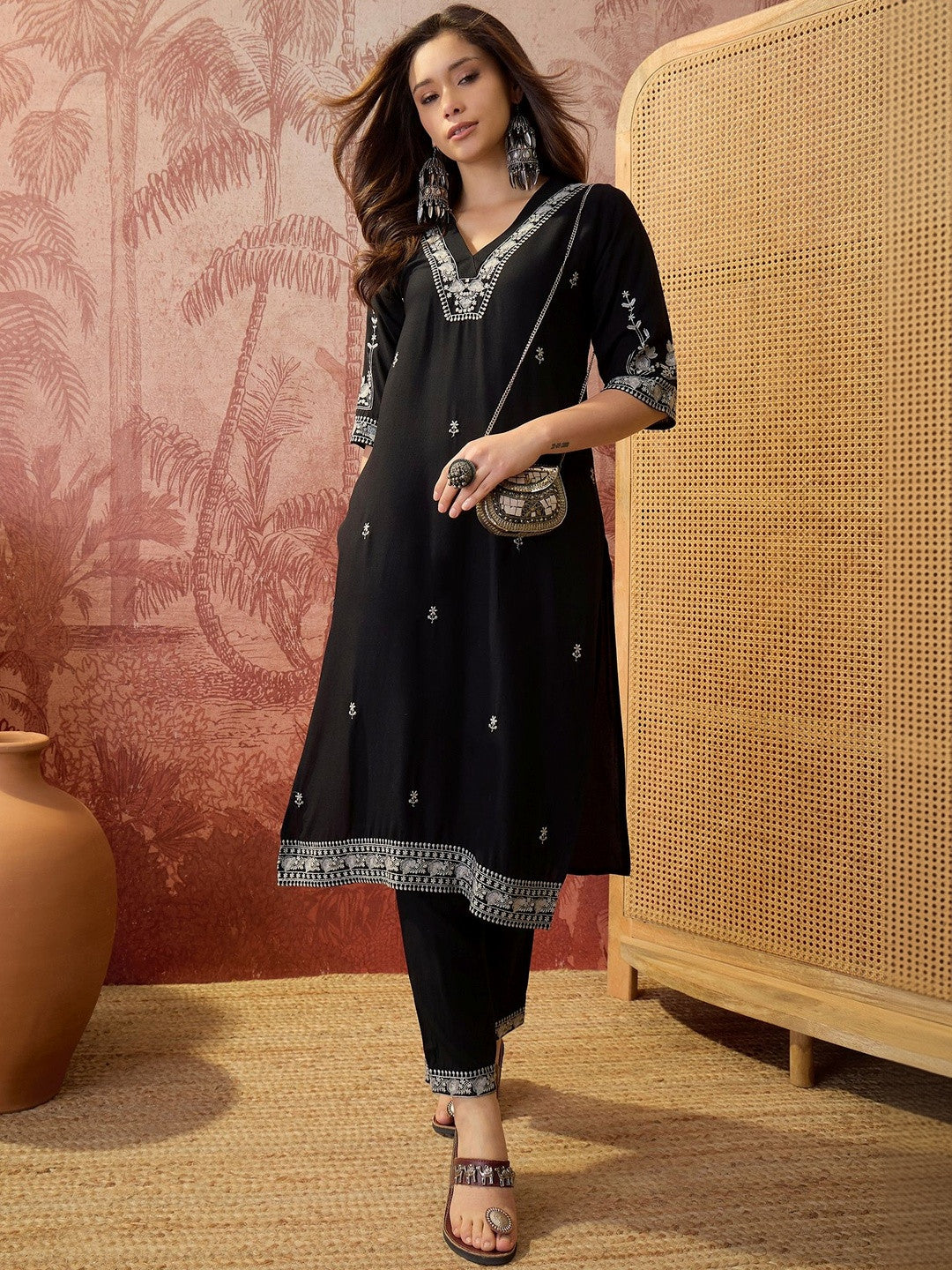 Embroidered V-Neck Kurta & Trousers Kurta Sets