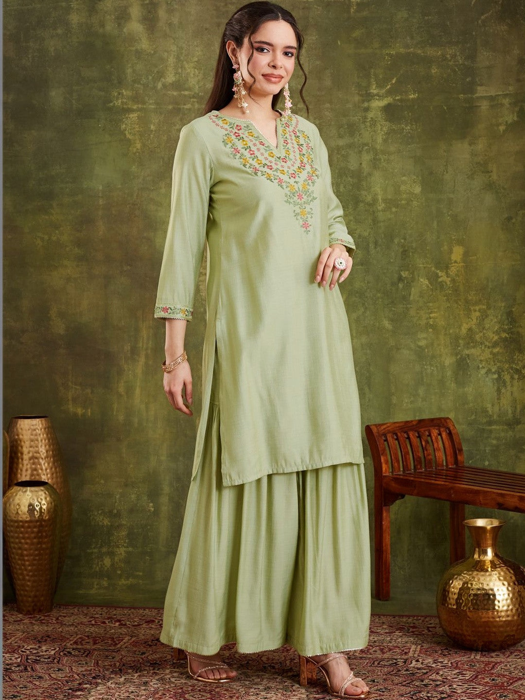 Embroidered Notched Neck Kurta & Sharara With Dupatta