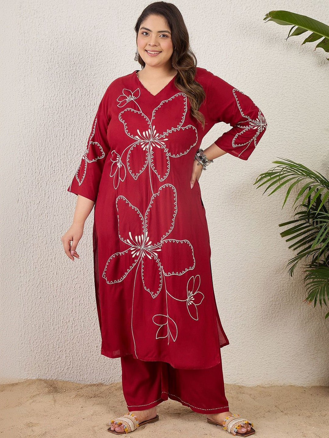 Plus Size Maroon Embroidered Straight Kurta Palazzos Set