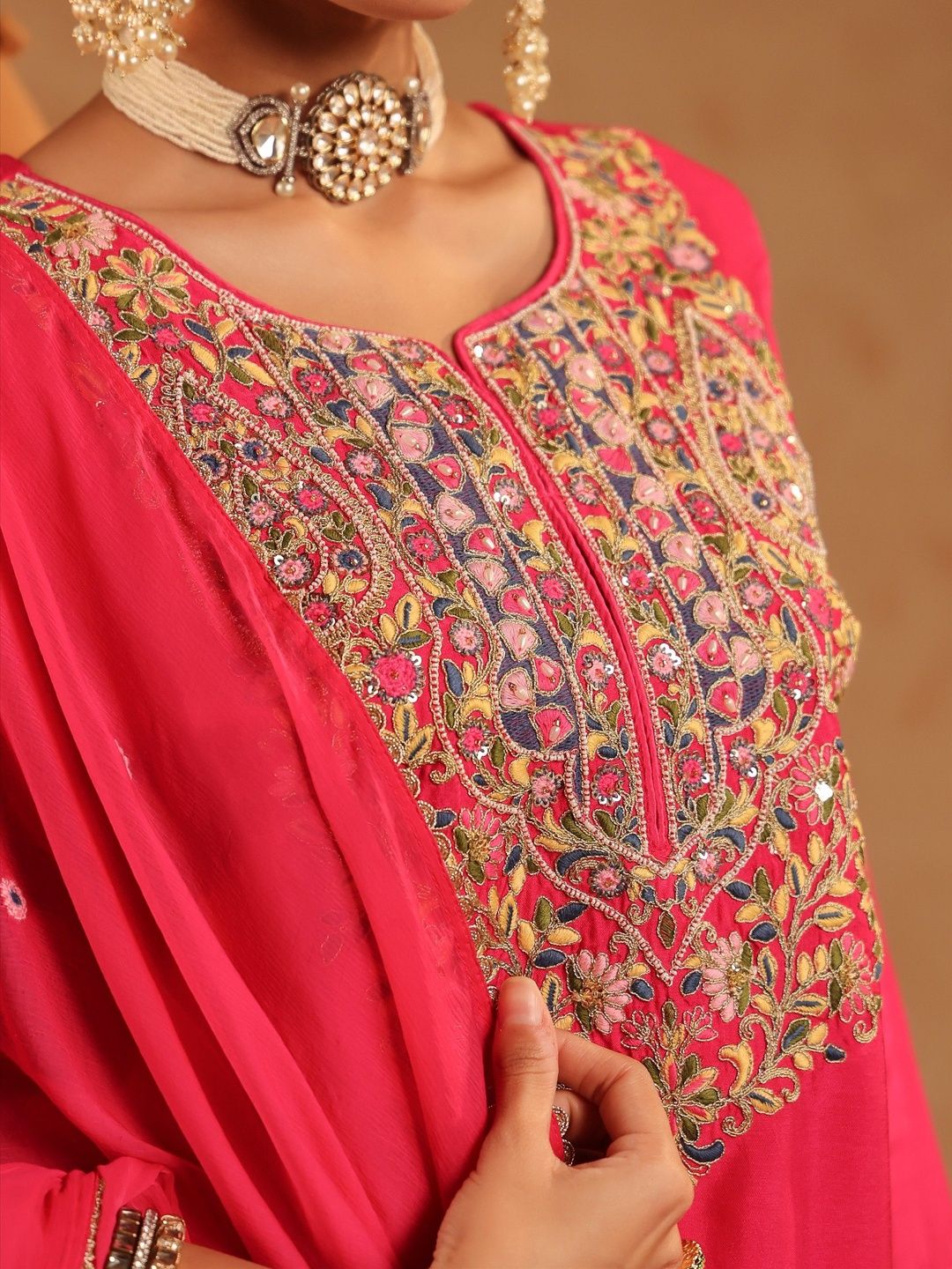 Dhiyona SC Women Fuchsia Silk Embroidered-Handwork Sharara Set