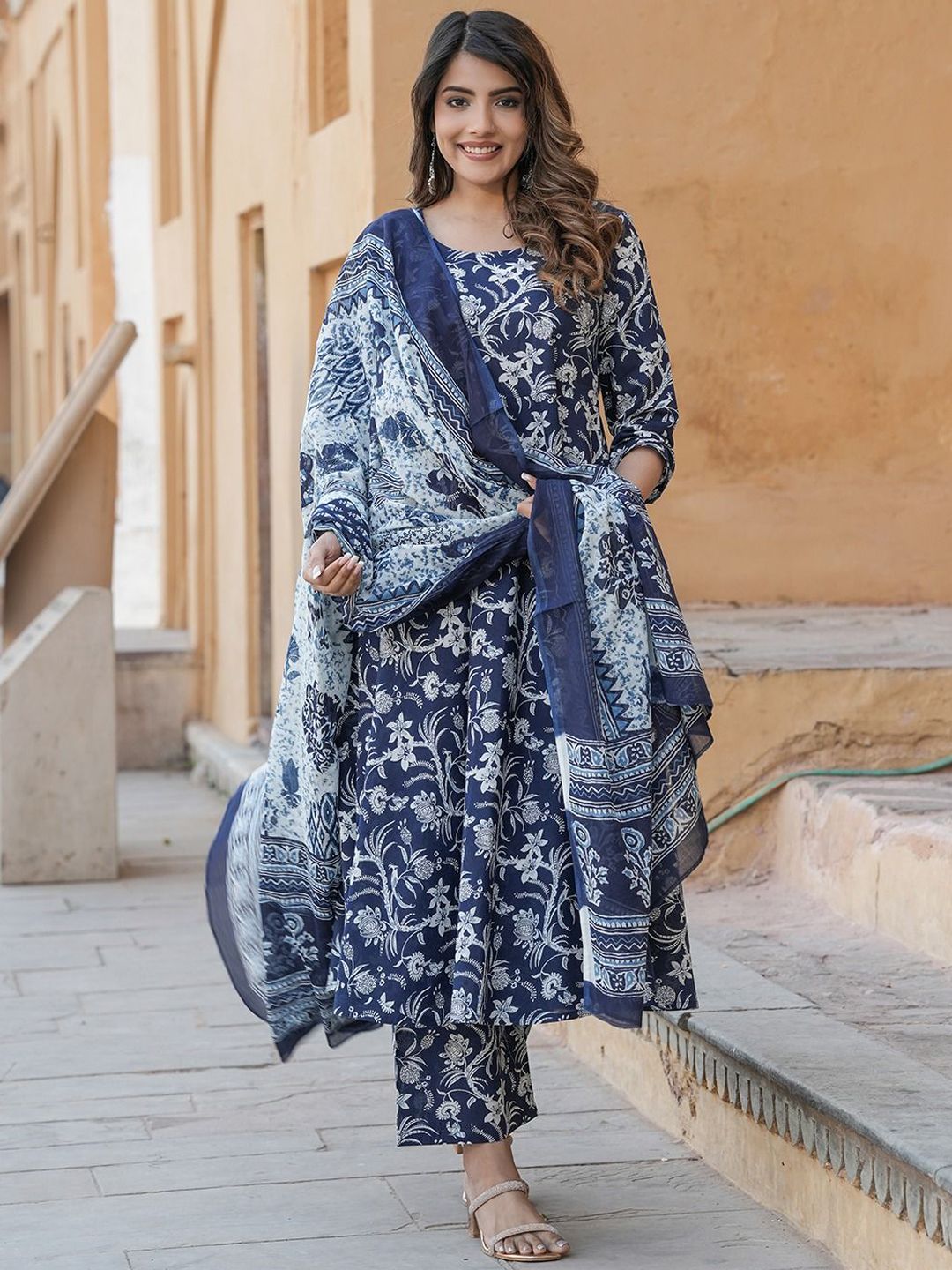 Dhiyona KL Floral Printed Round Neck Anarkali Pure Cotton Kurta With Trousers & Dupatta