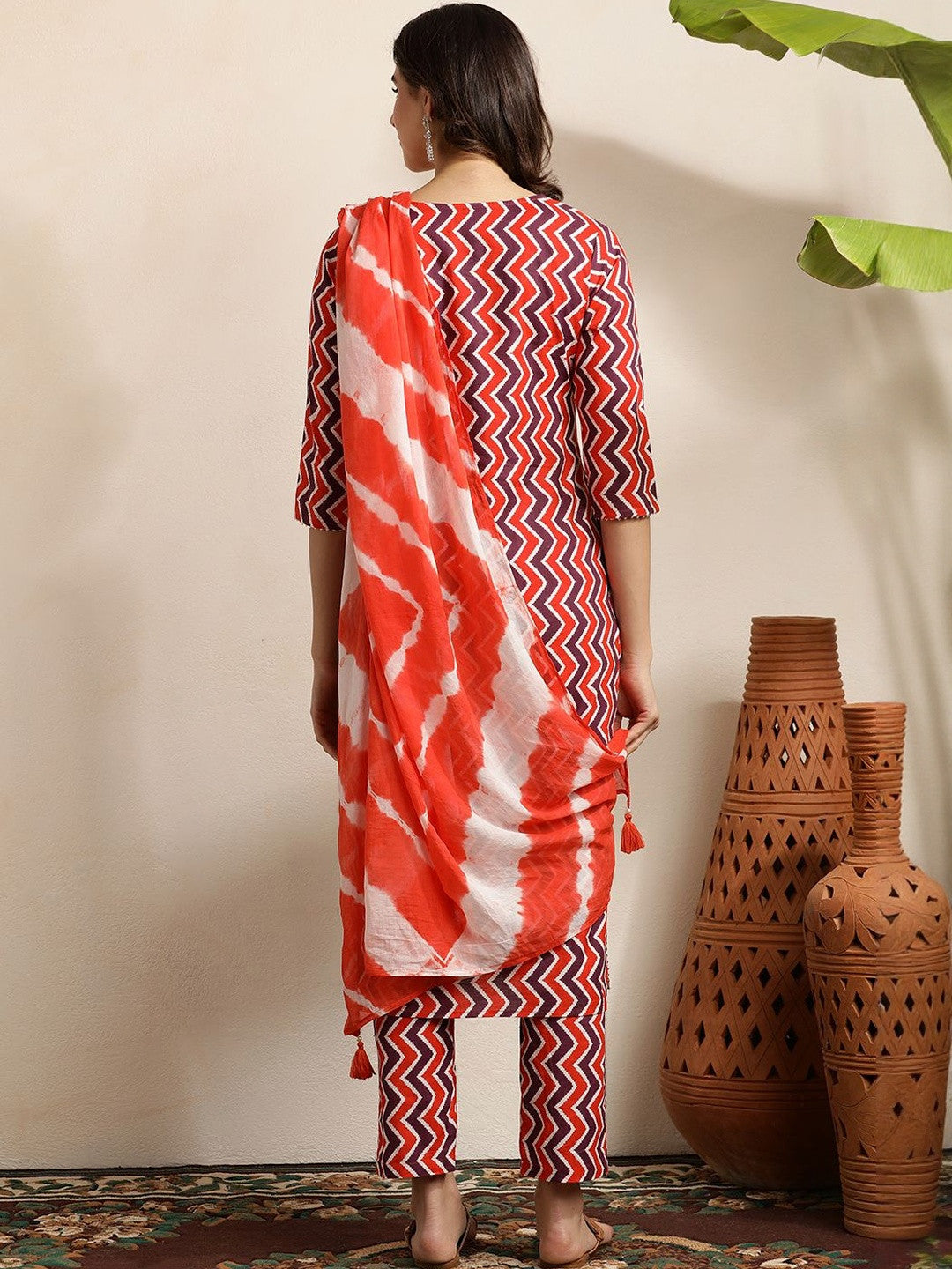 Chevron Printed Notch Neck Beads & Stones Pure Cotton Kurta With Trouser & Dupatta