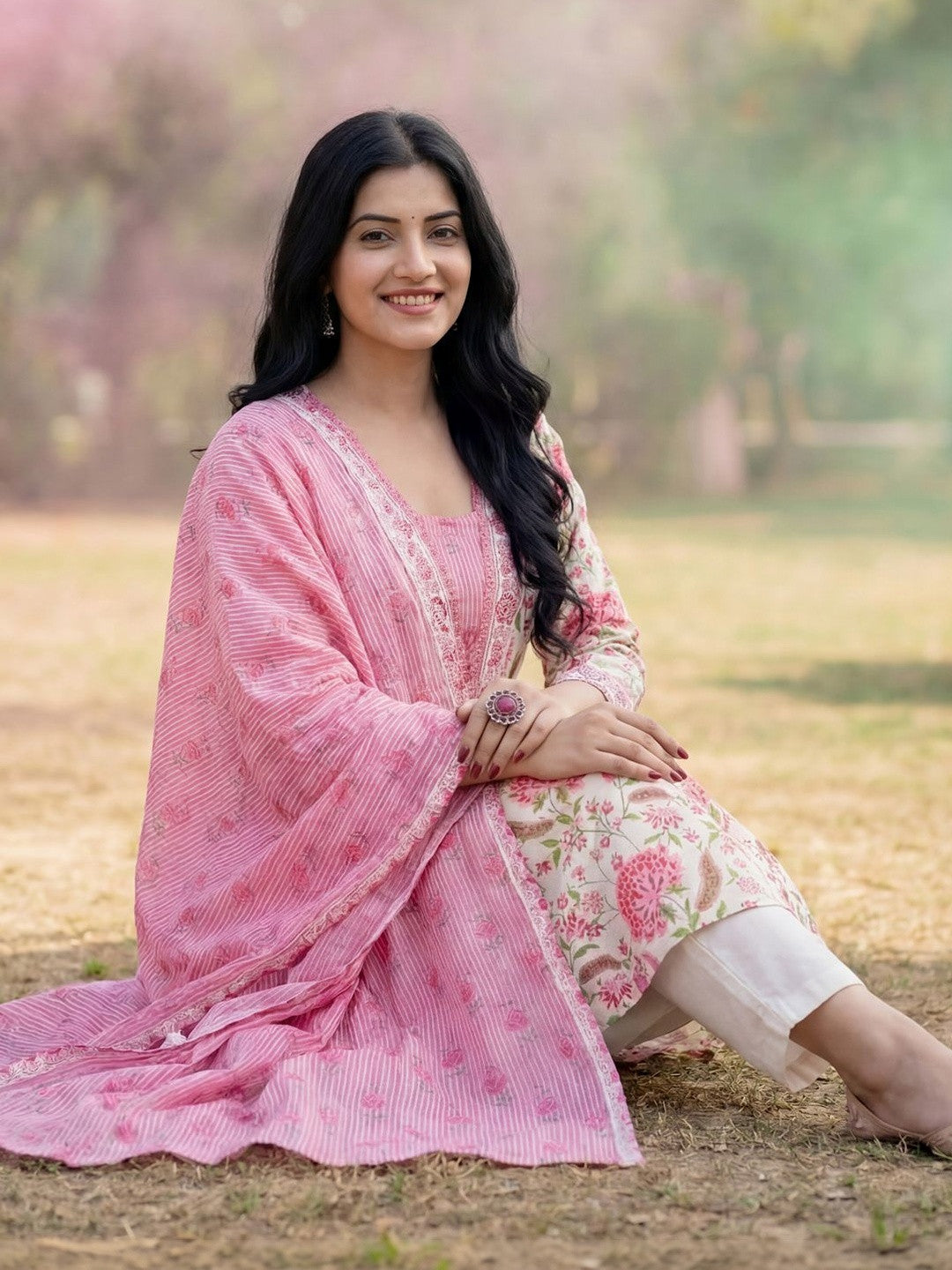 Women Floral Printed Regular Pure Cotton Kurta with Trousers & With Dupatta