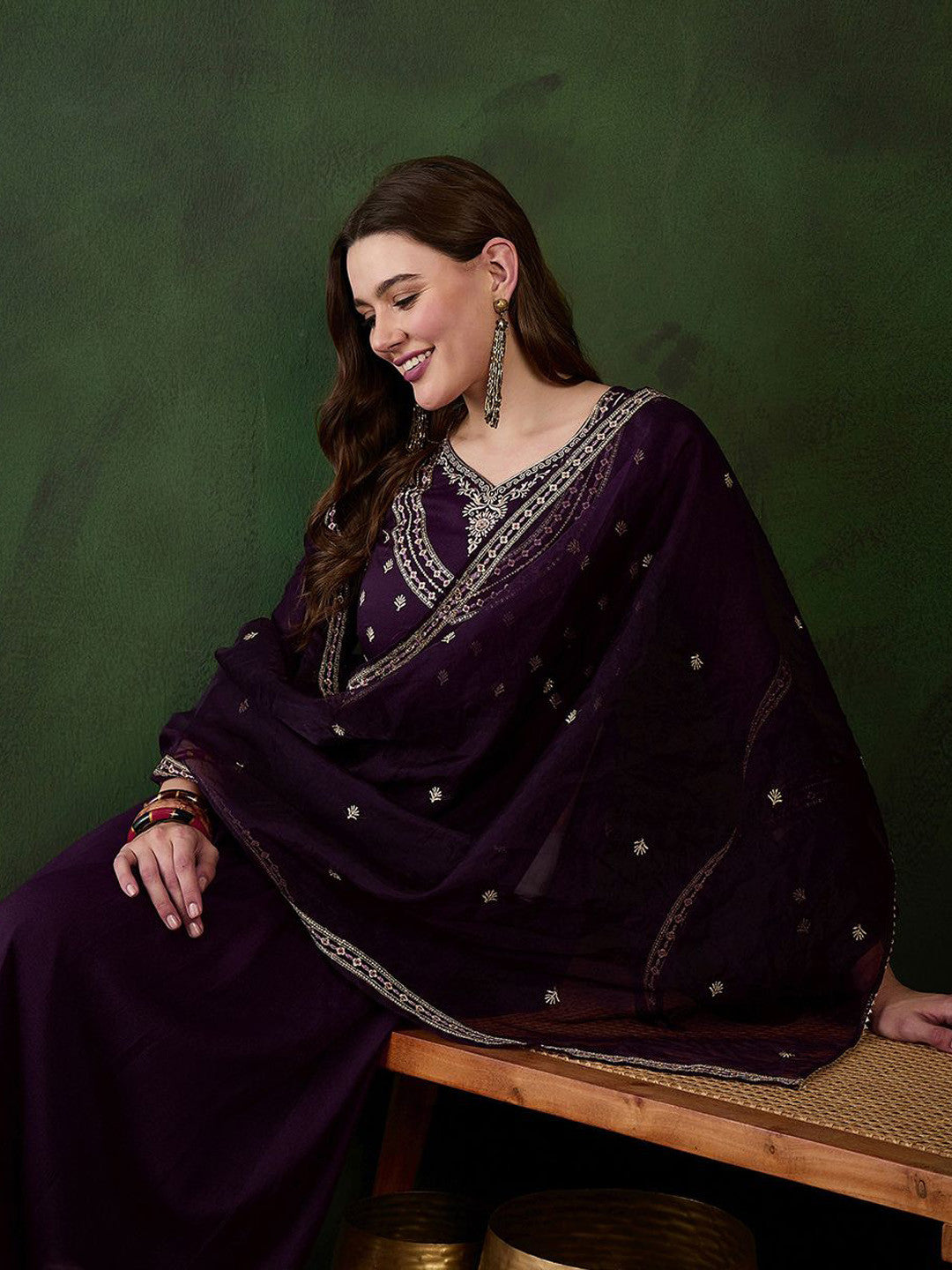 Embroidered Georgette Sweetheart Neck Anarkali Kurta With Trousers & Dupatta