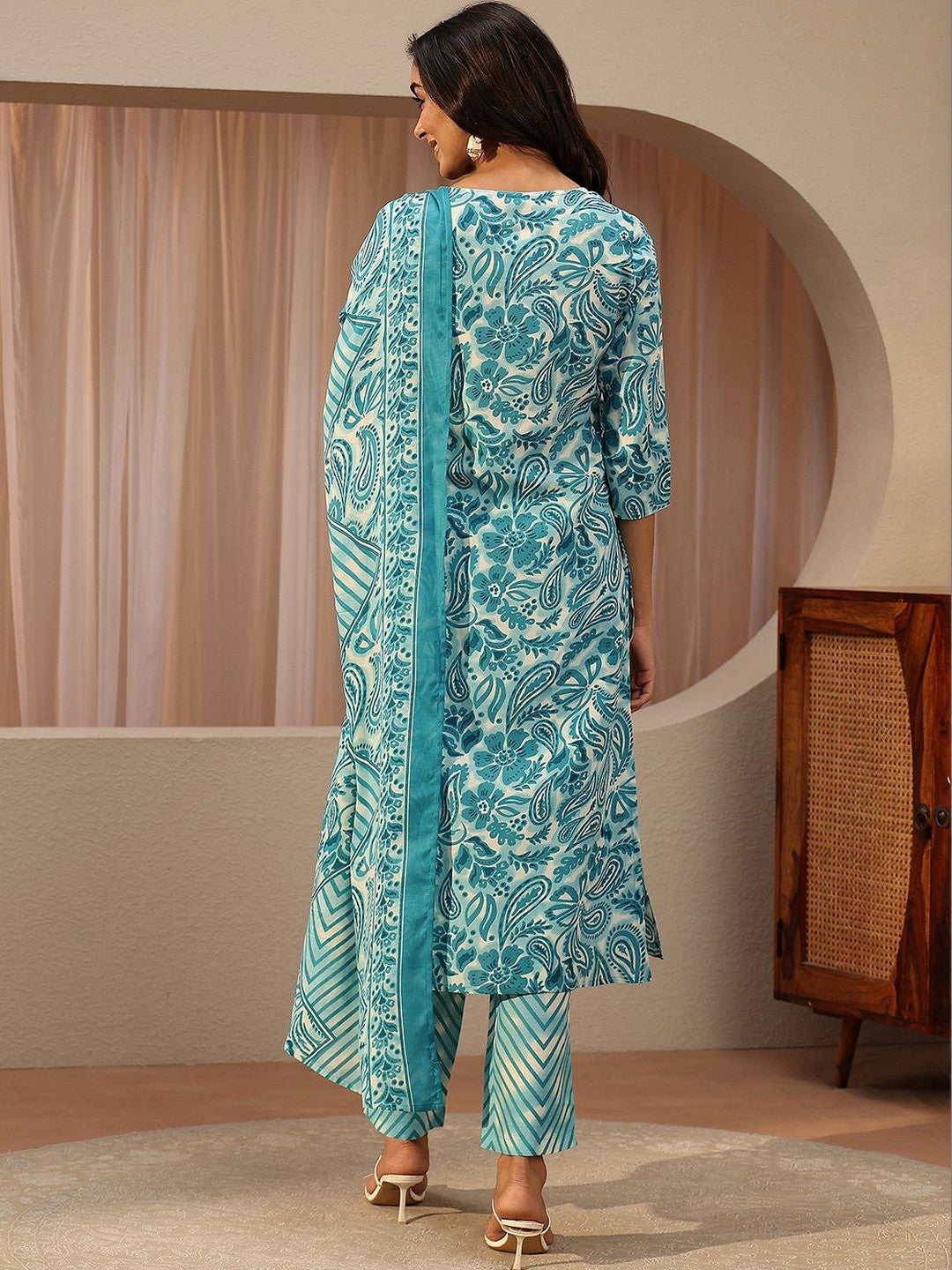 Blue Paisley Printed Cotton Straight Suit Set
