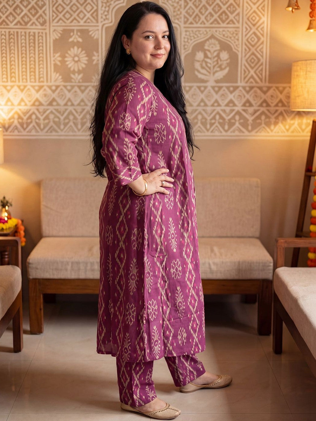 Plus Size Burgundy Printed A-Line Kurta Trousers Set