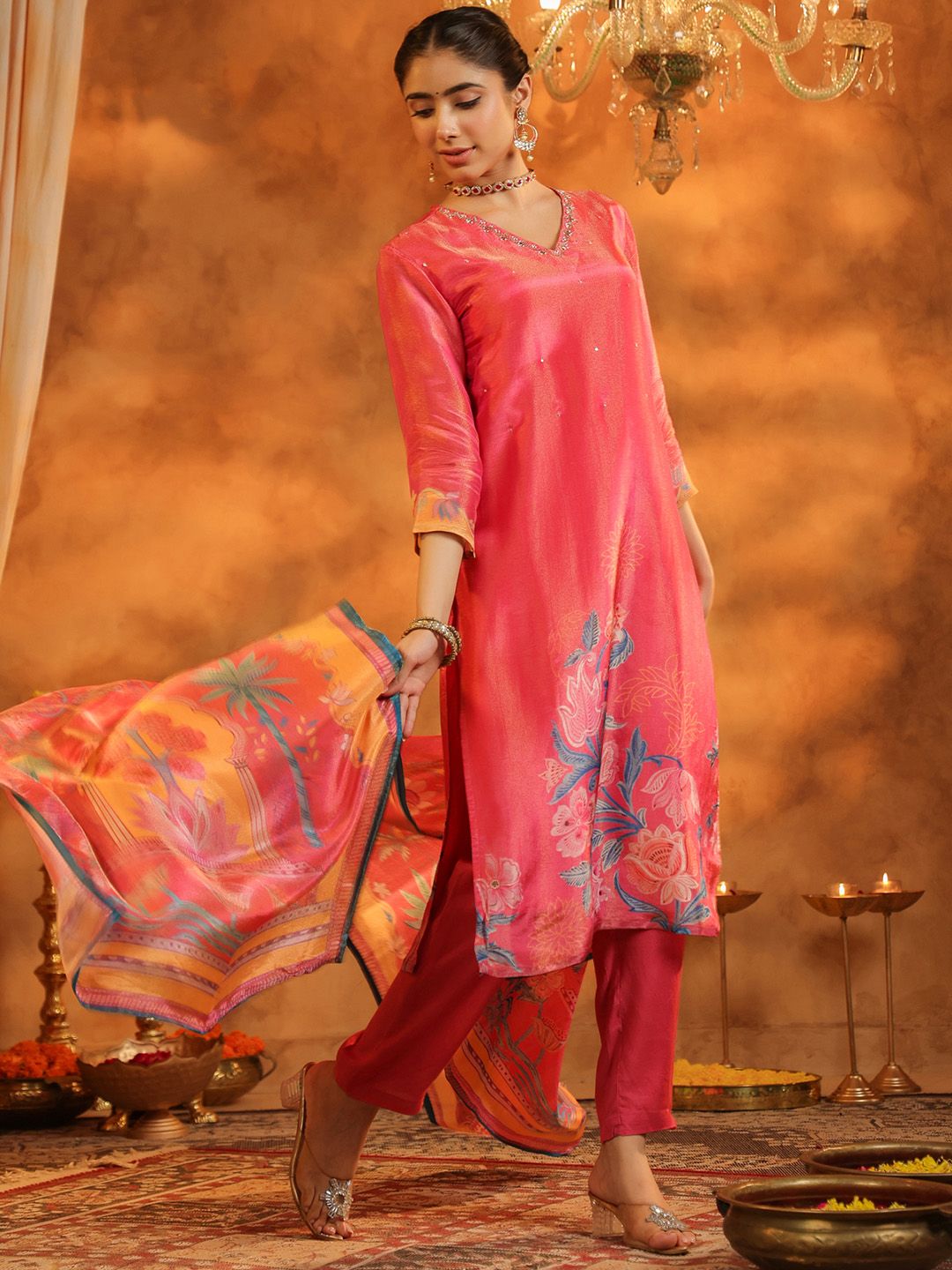 Dhiyona RR Women's Ethnic Motifs Printed Straight Sequinned Kurta with Trousers & With Dupatta