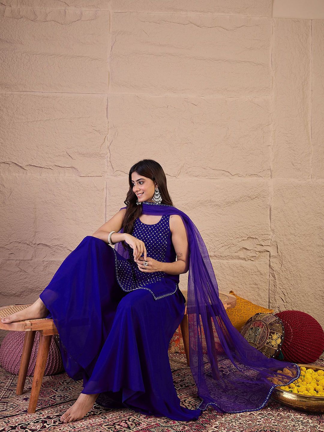 Dhiyona IN Embroidered Round Neck Sequinned Georgette Kurta With Palazzos & Dupatta