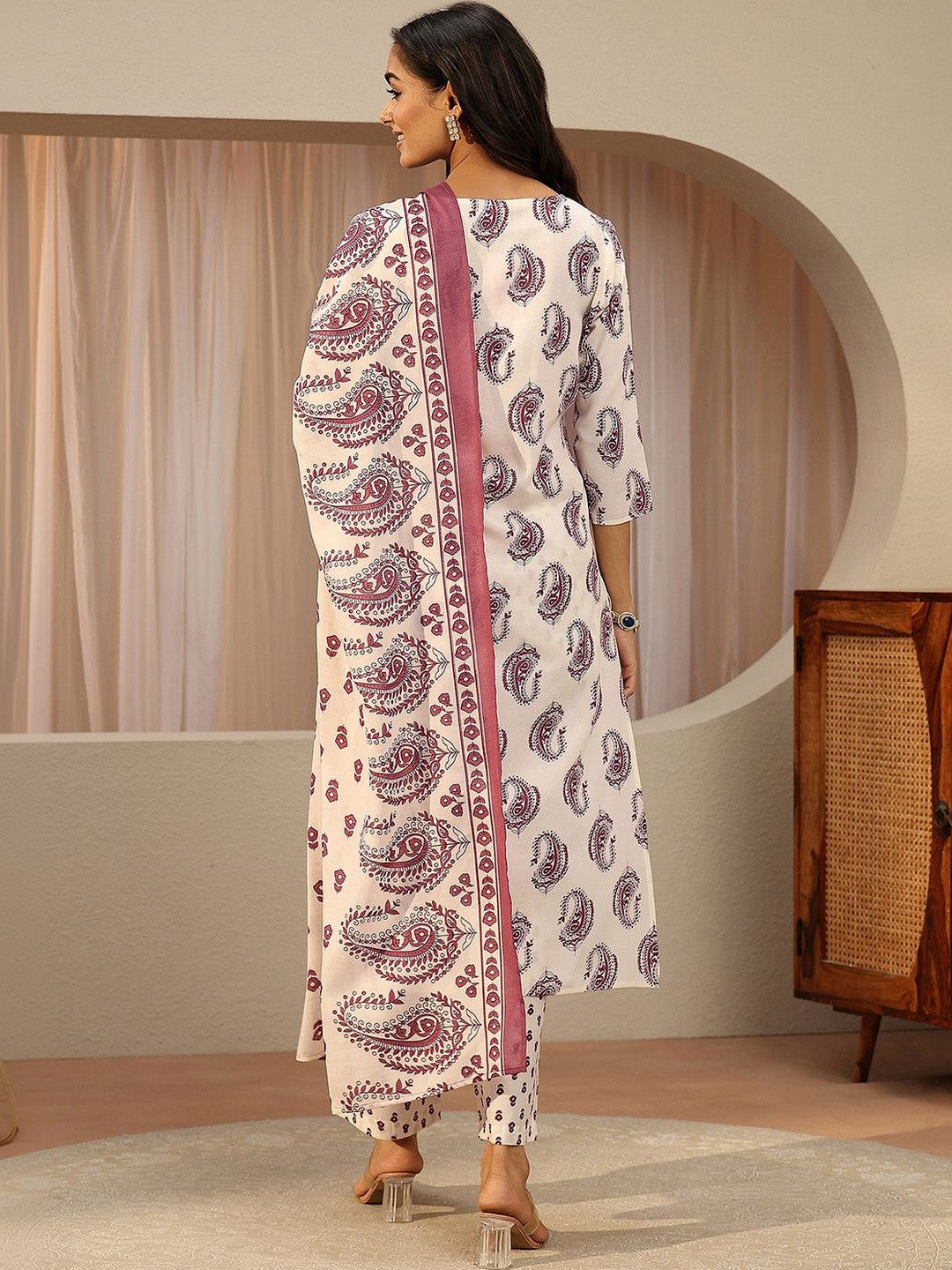 Off White Paisley Printed Cotton Blend Straight Suit Set