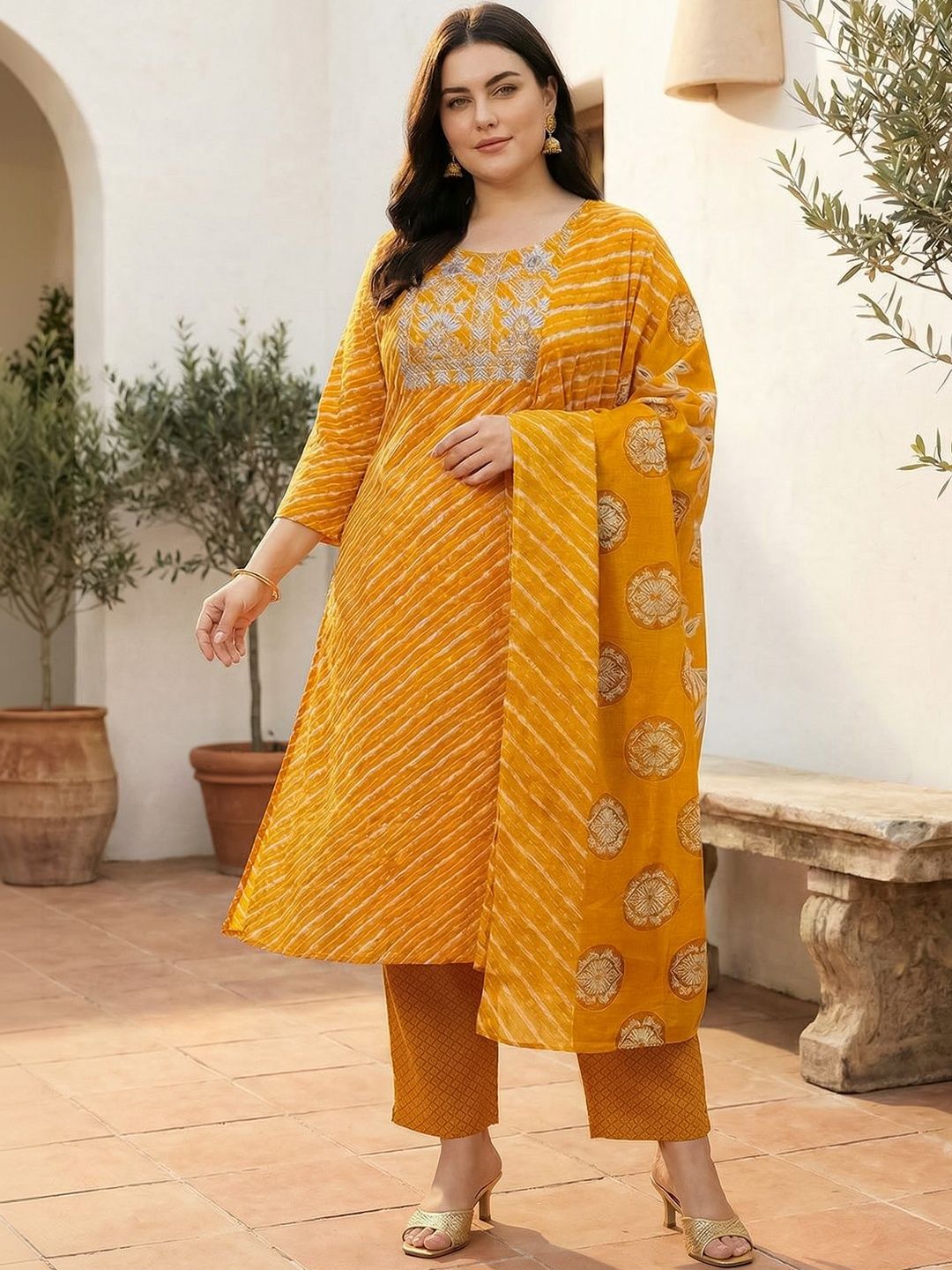 Dhiyona Women's Ethnic Motifs Striped Regular Thread Work Pure Cotton Kurta with Trousers & With Dupatta