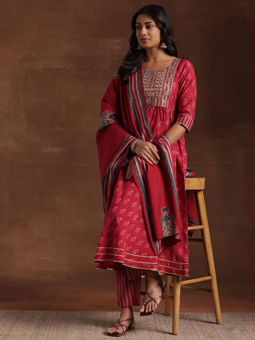 Womens Pink Printed Anarkali Kurta With Trousers & Dupatta