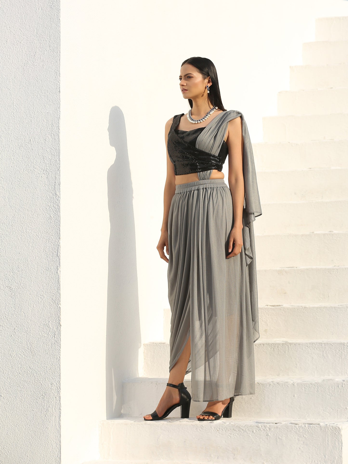 Dhiyona ST SET | Pre-draped Dove Grey Gold Pant Saree + Metal Strap Sequin Blouse