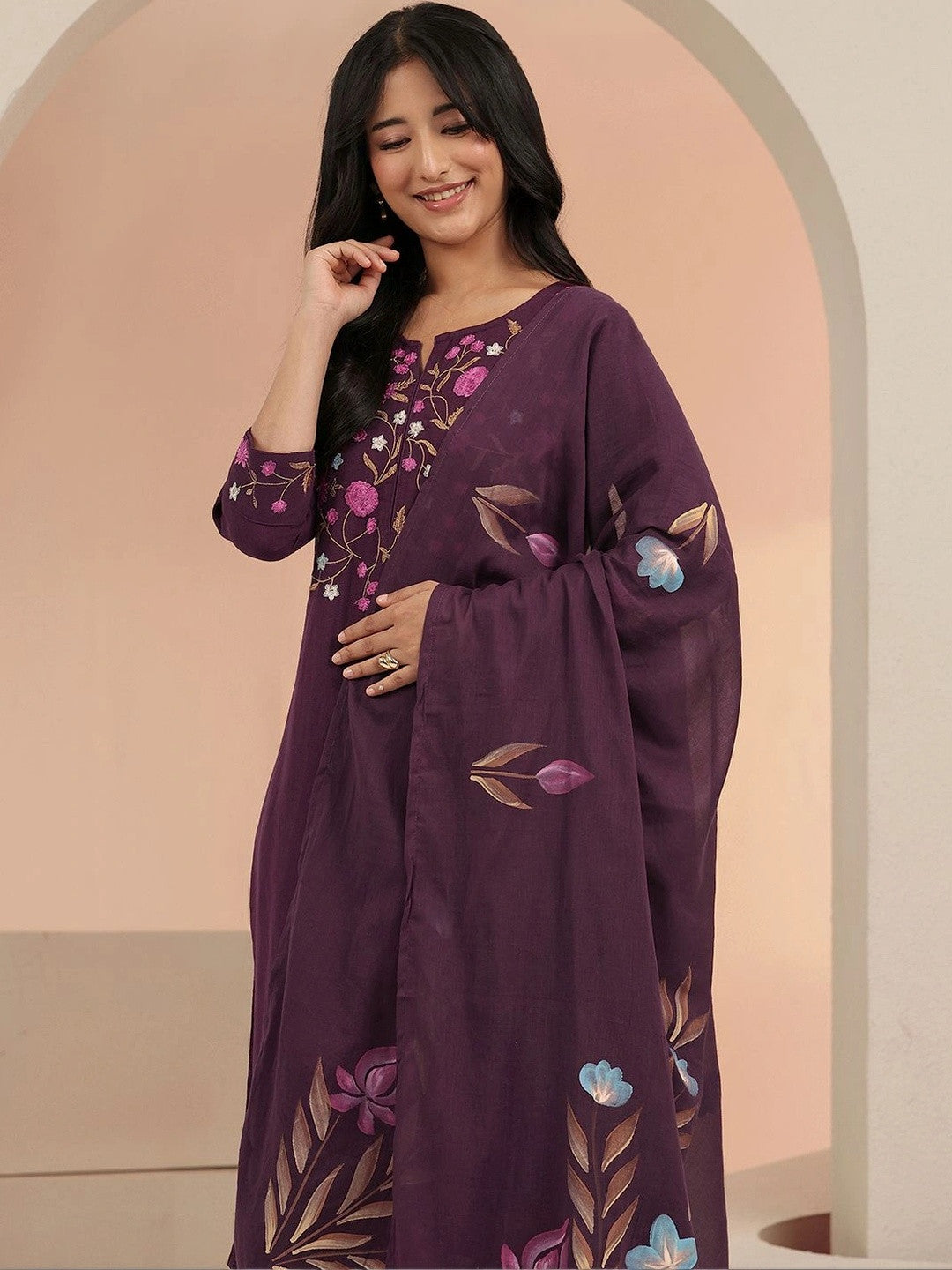 Burgundy Floral Embroidered Cotton Straight Suit Set