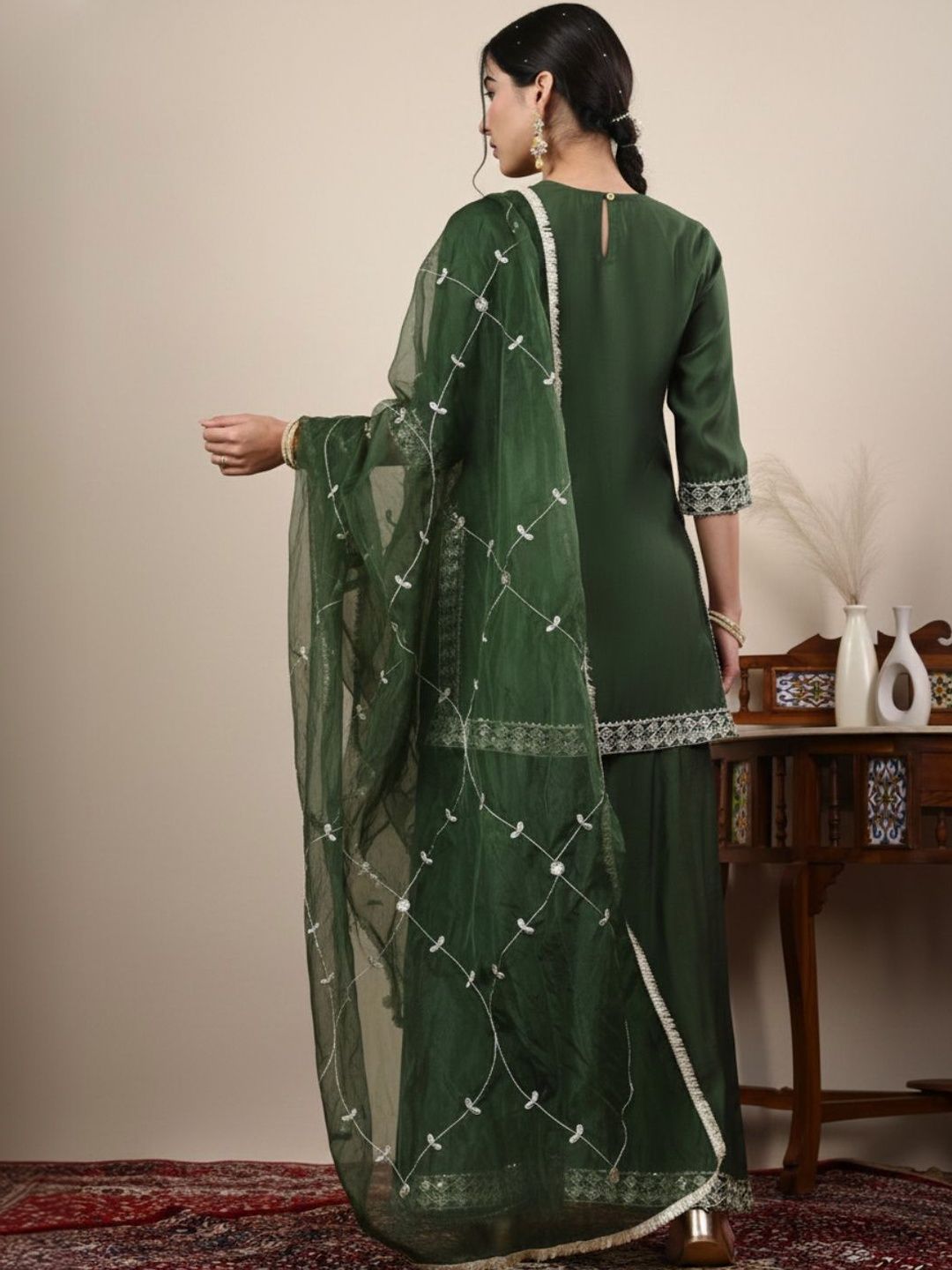 Dhiyona HOP Embroidered Round Neck Straight Kurti & Sharara With Dupatta