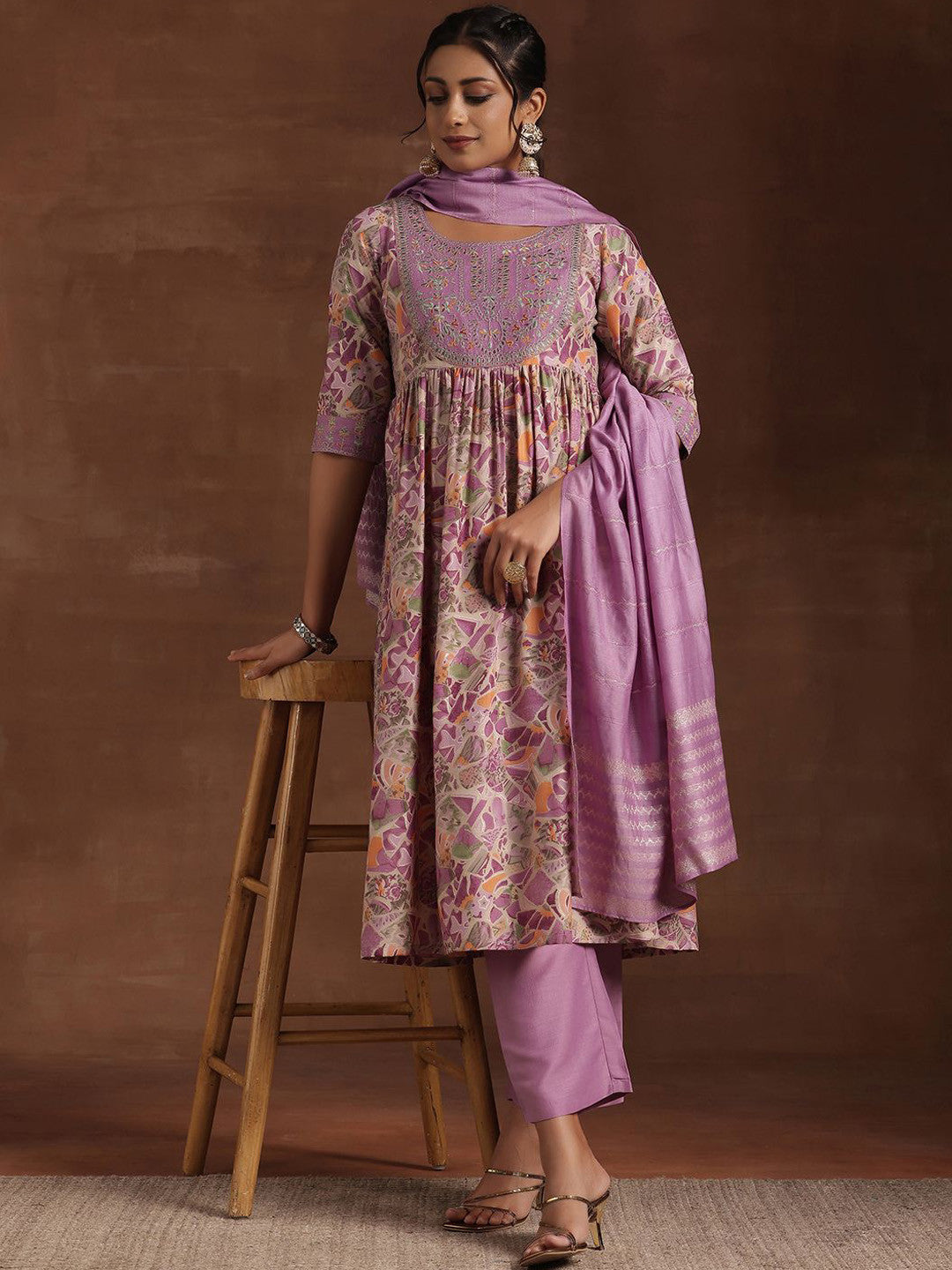 Floral Printed Thread Work Pleated Anarkali Kurta with Trousers & Dupatta