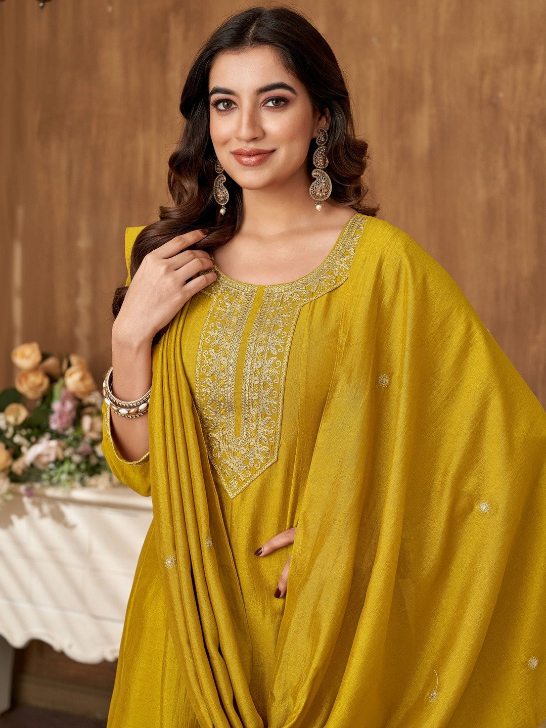 Embroidered Round Neck Kurta & Trousers With Dupatta
