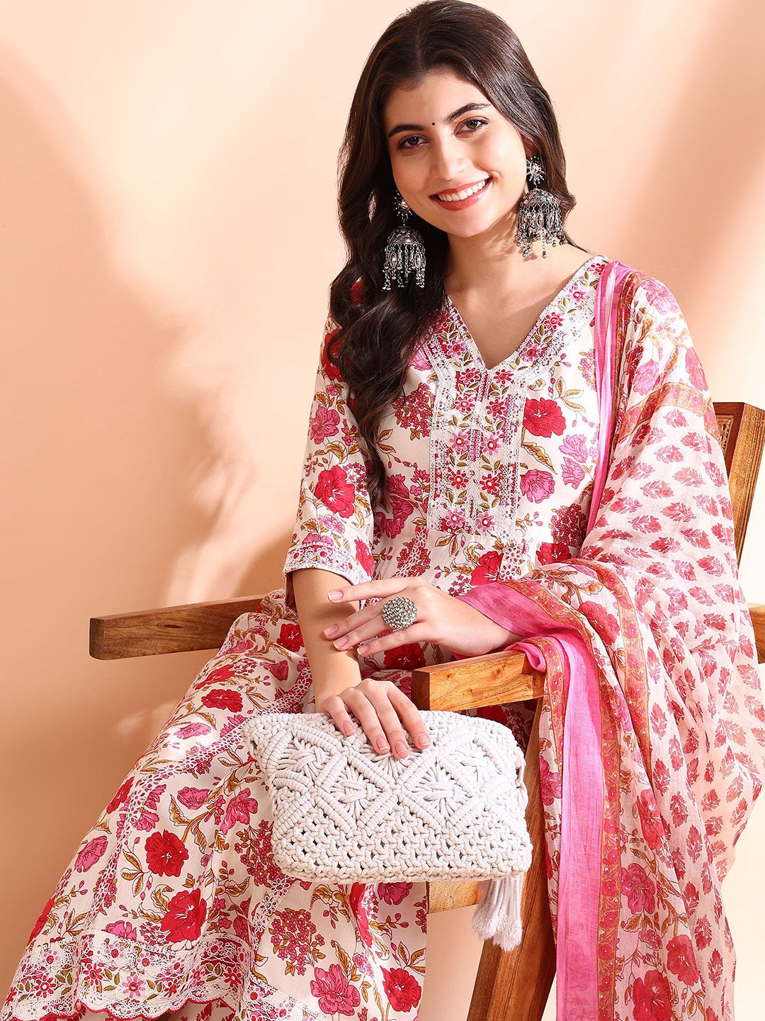 Dhiyona OD Thread Work Pure Cotton Anarkali Kurta with Trousers & Dupatta