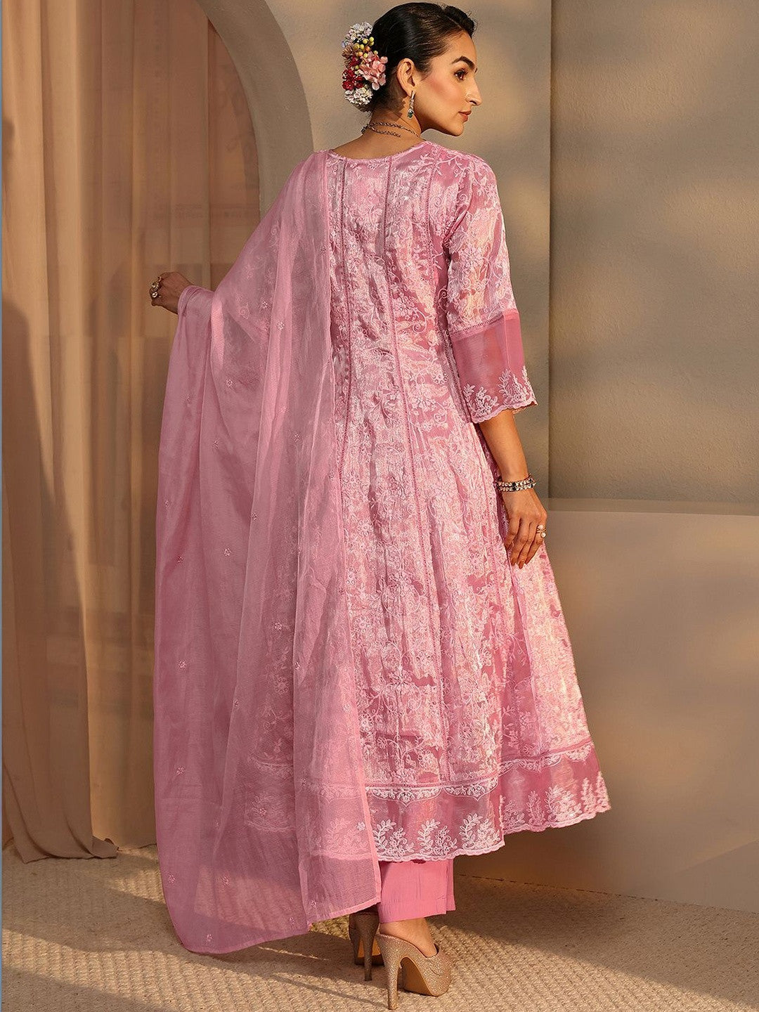 Women Floral Printed Panelled Mirror Work Kurta with Trousers & With Dupatta