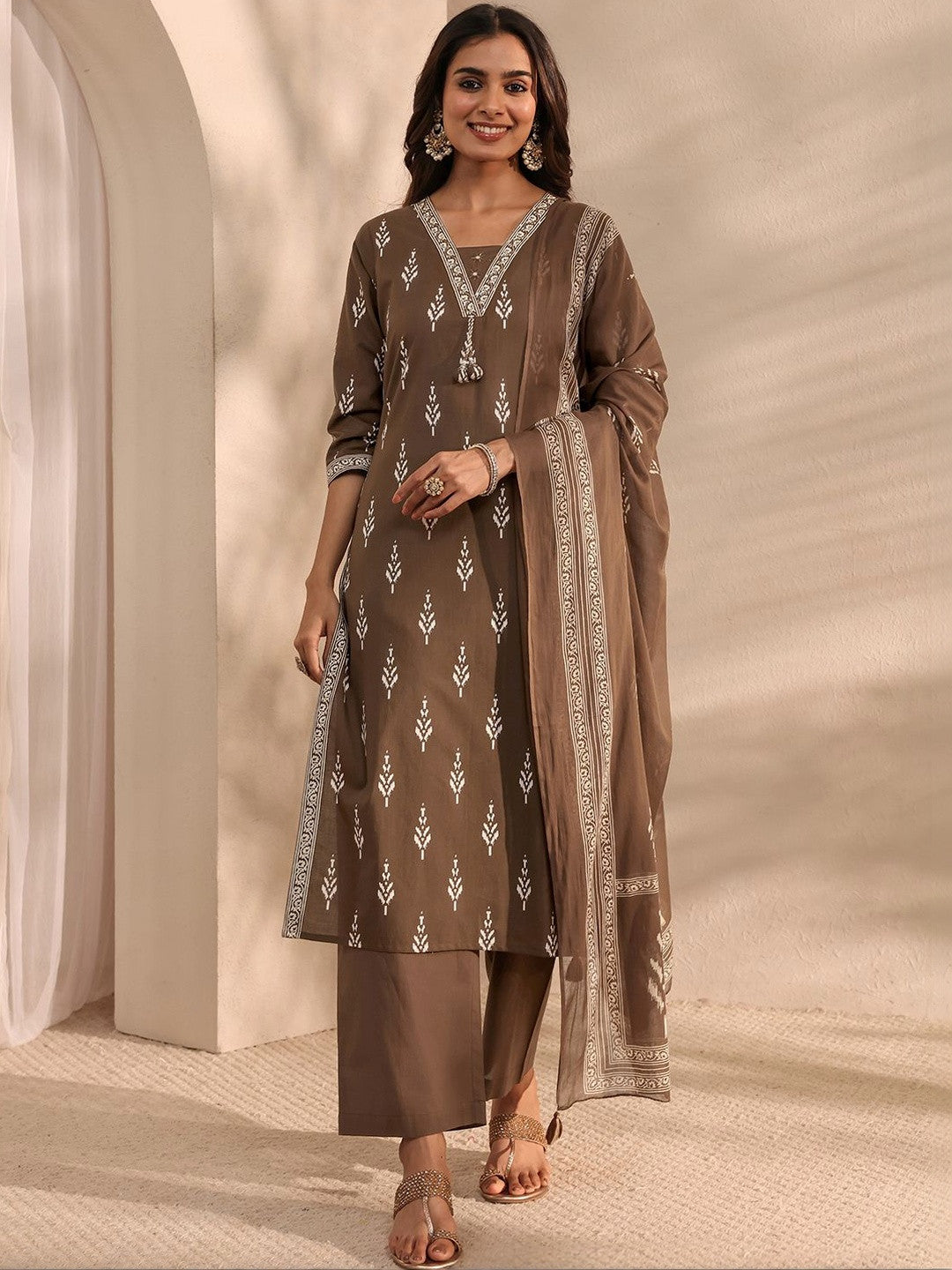 Brown Printed Cotton Suit Set with Dupatta