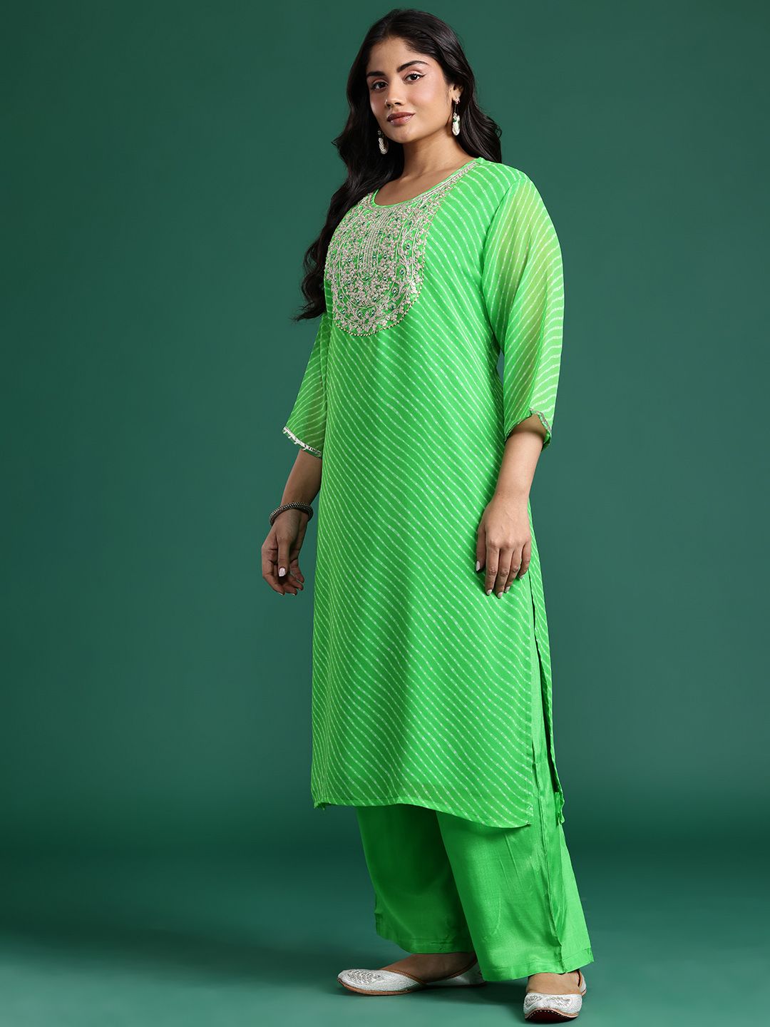 Dhiyona Women's Leheriya Printed Mirror Work Kurta with Palazzos & Dupatta