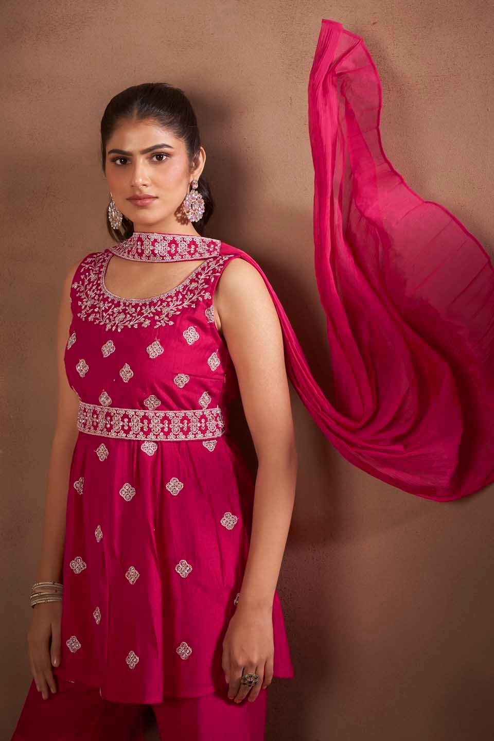Dhiyona AN Floral Embroidered Thread Work Raw Silk Kurta With Sharara And Dupatta