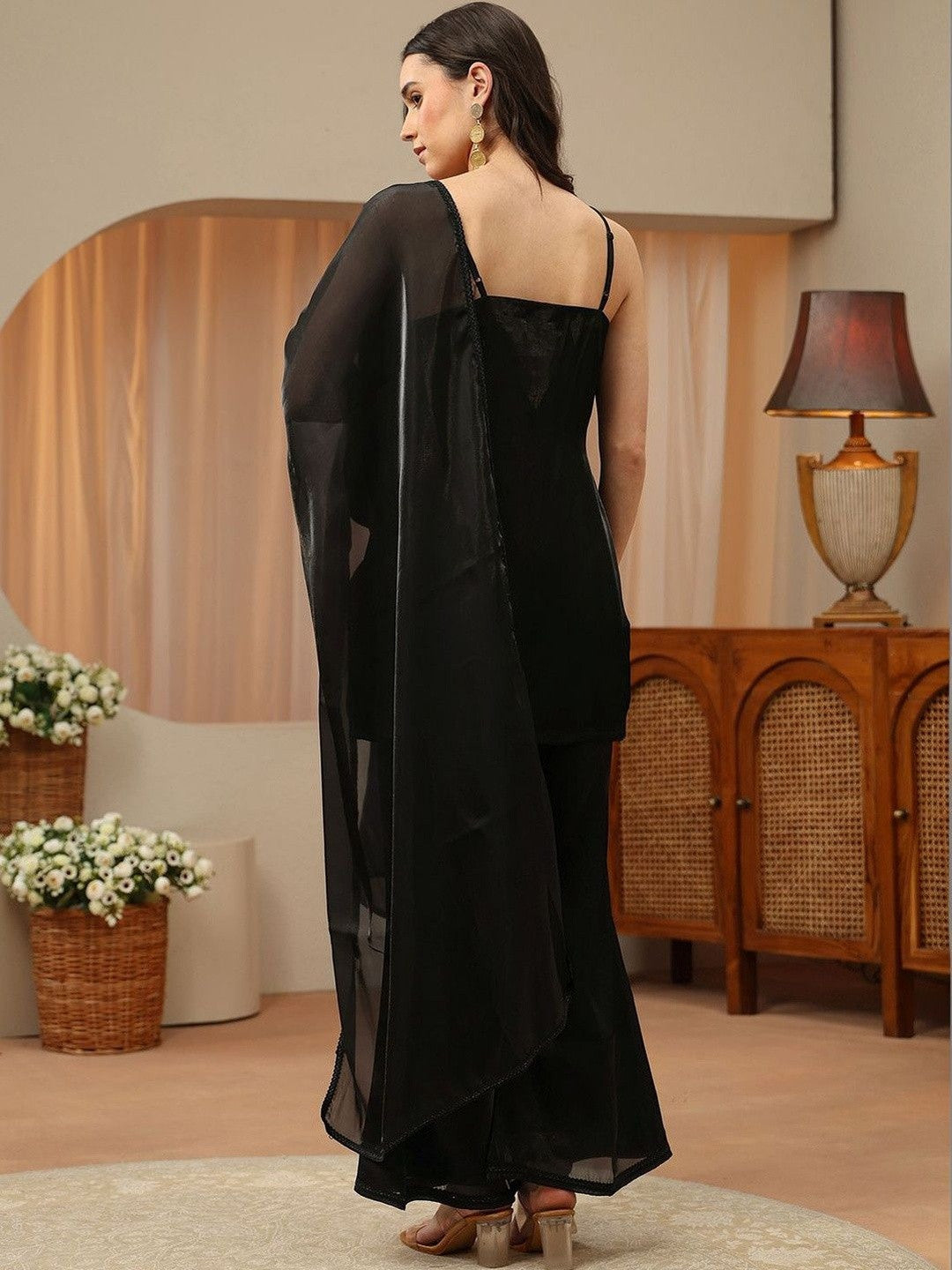 Libas Black Solid Tissue Palazzo Suit Set