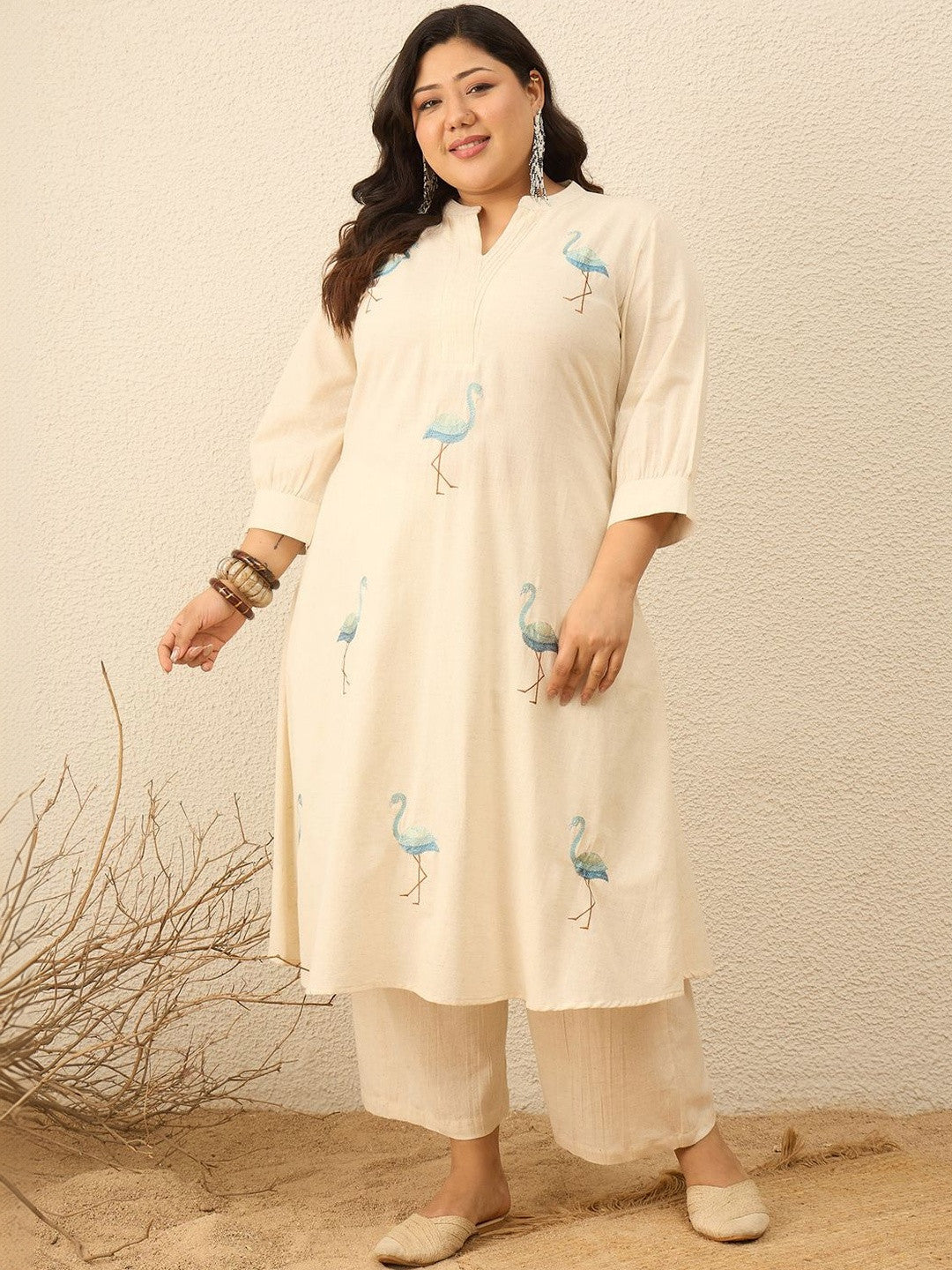 Plus Size Off White Embroidered A-Line Kurta Trousers Set