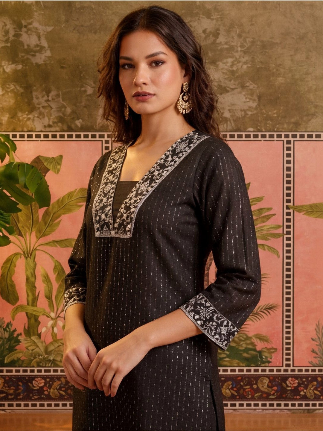 Embroidered Pure Cotton V-Neck Kurta & Trousers