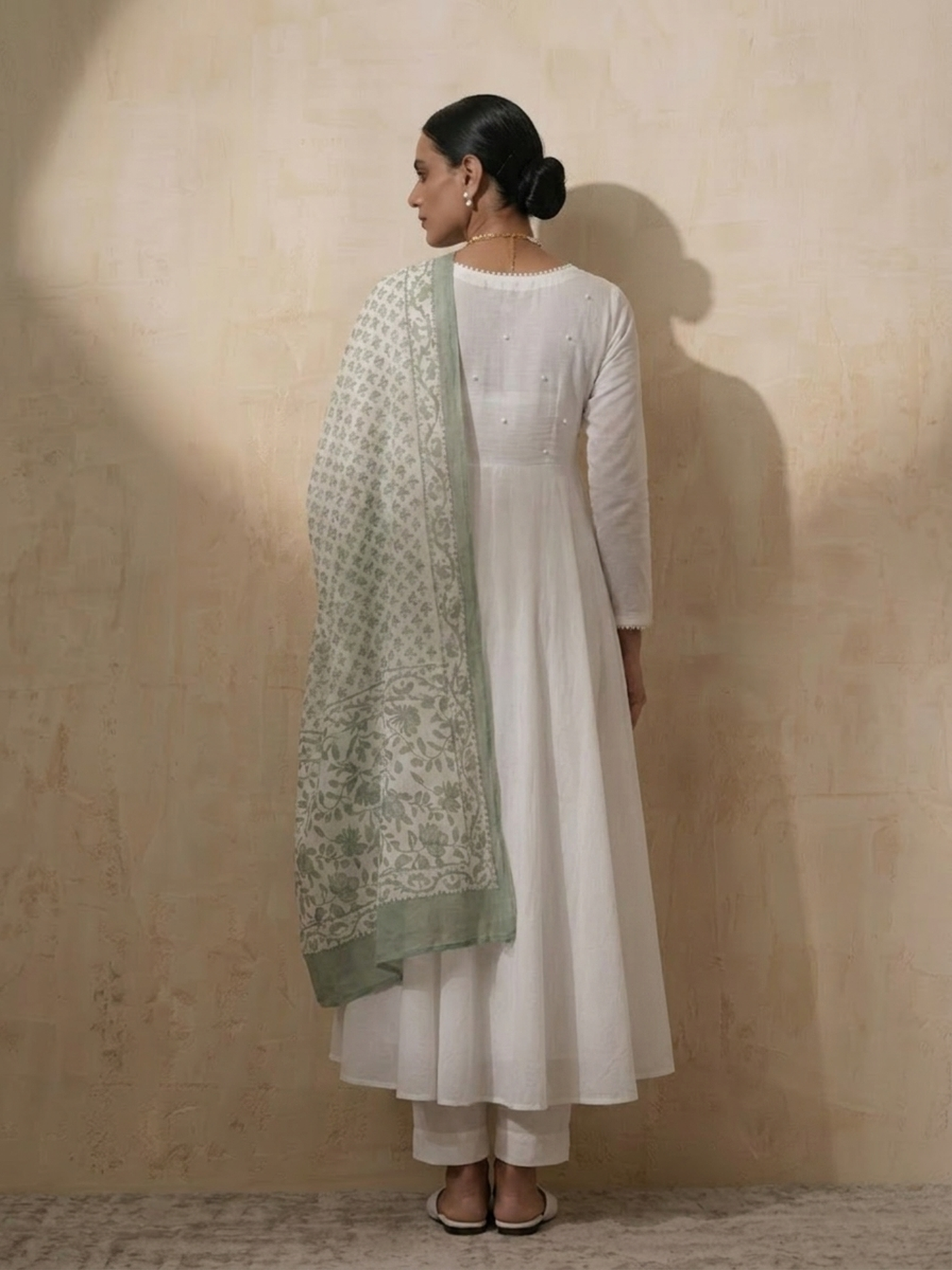 Dhiyona ST 3 Pc Set - White Cotton Anarkali with Pearls and Green Handblock Printed Dupatta