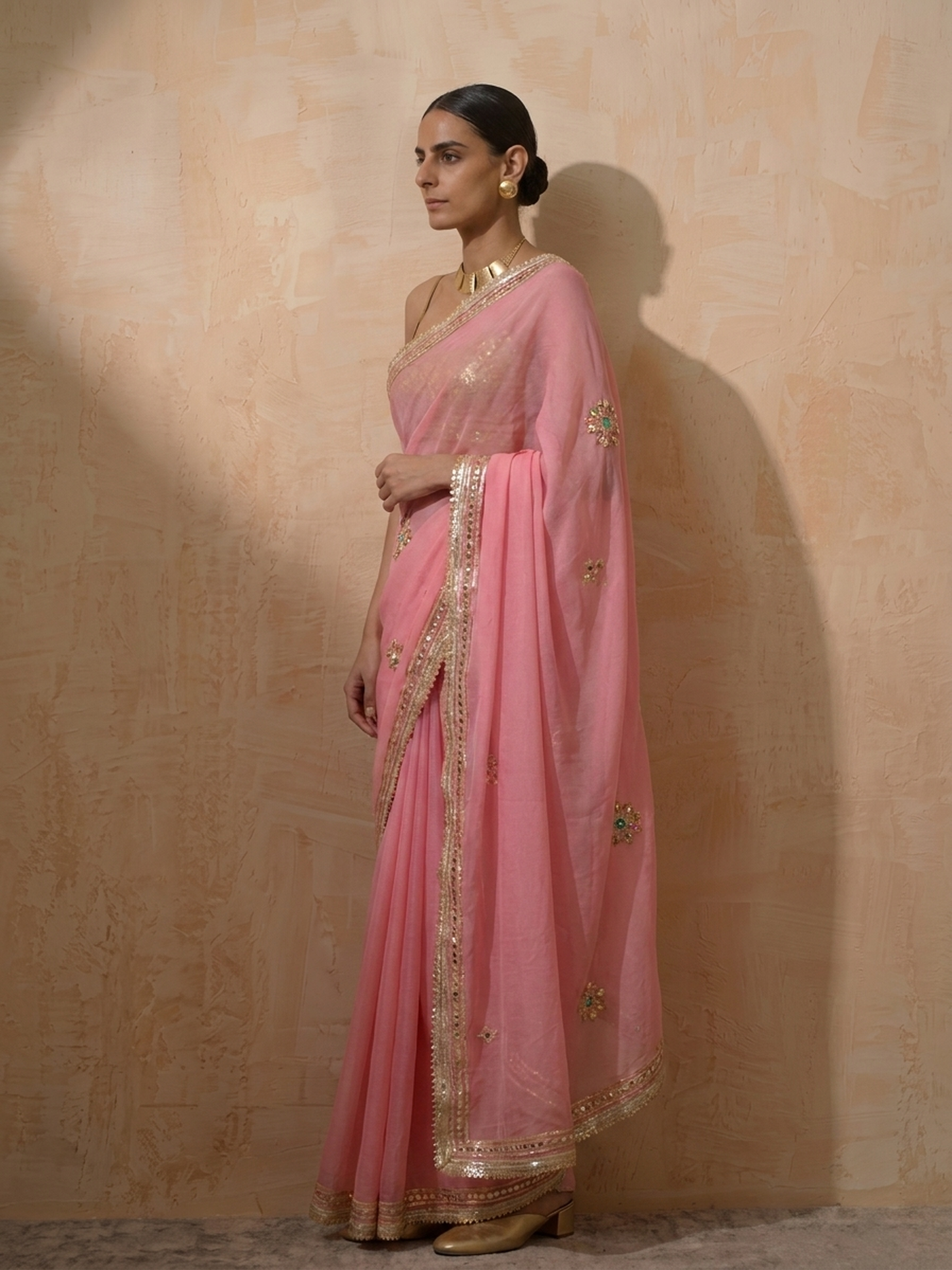 Dhiyona ST Blush Pink Chiffon Saree with Gota Patti Handwork Patches with Self Fabric Blouse
