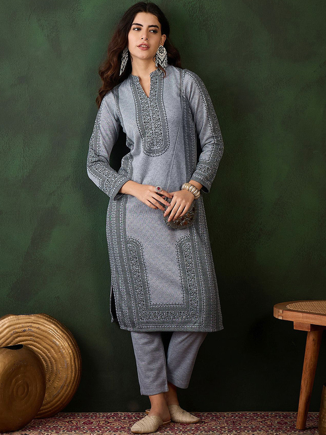 Floral Woven Design Winter Straight Kurta & Trousers