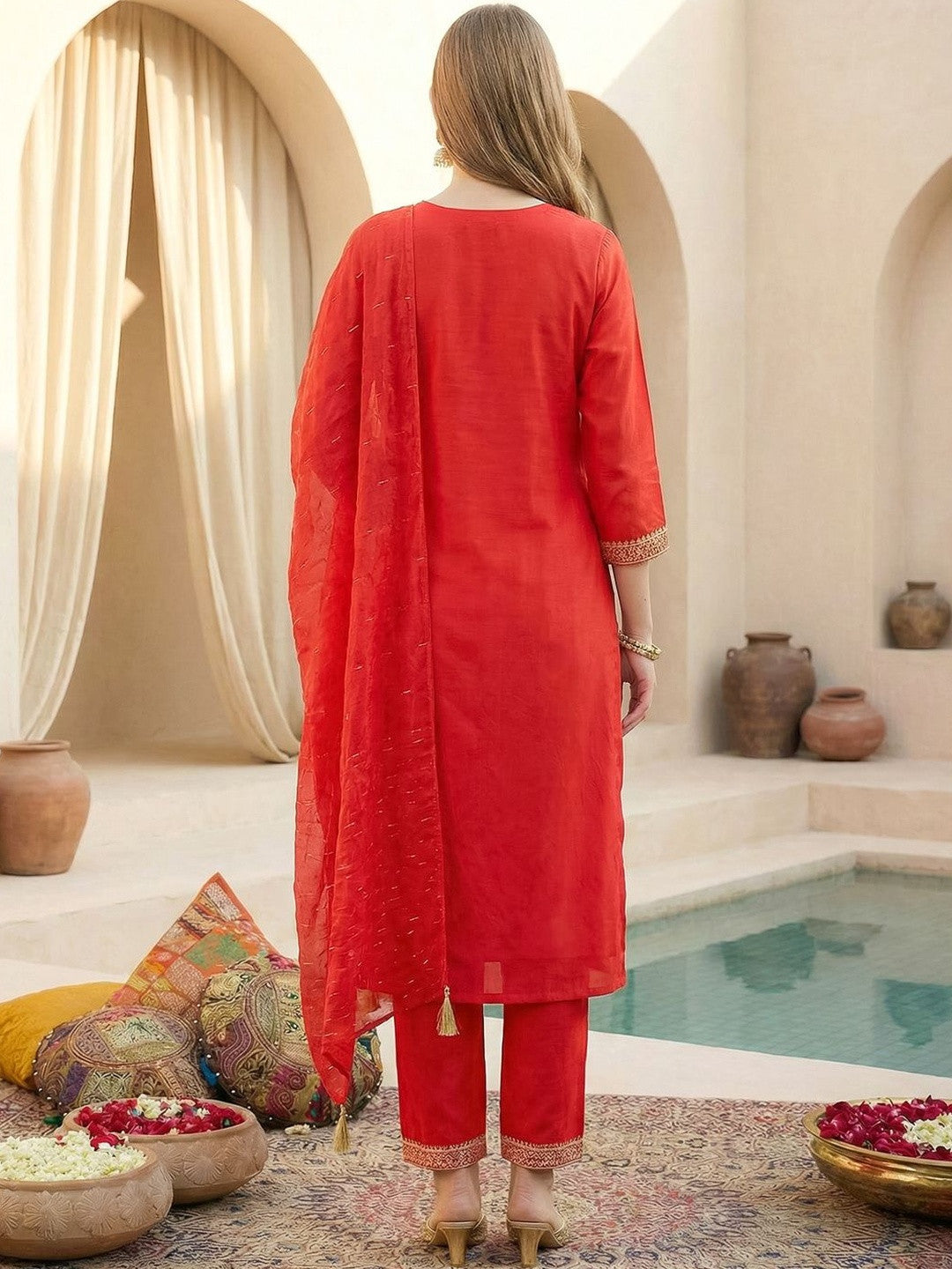 Women Ethnic Motifs Embroidered Regular Sequinned Kurta with Trousers & With Dupatta