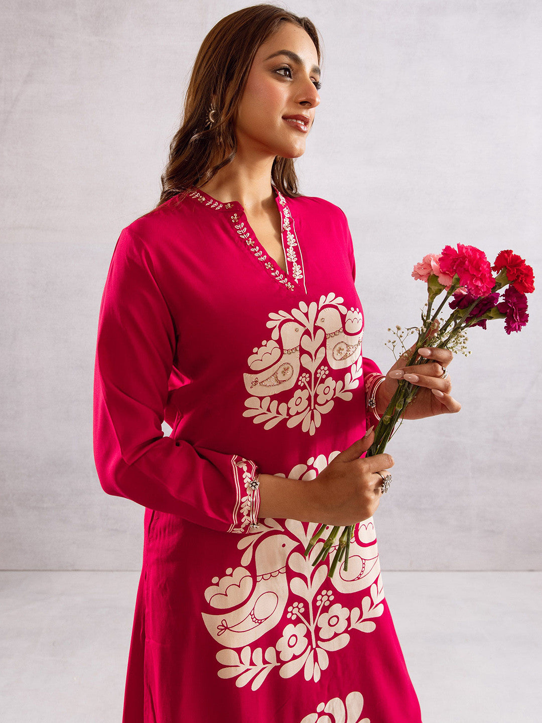 Ethnic Motifs Printed Mandarin Collar Straight Kurta With Palazzos