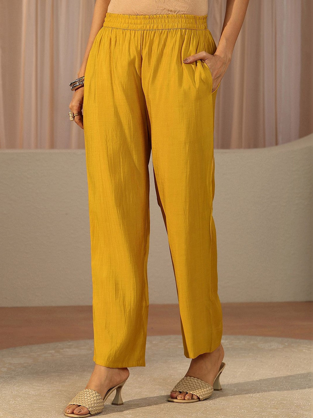 Yellow Embroidered Chanderi Cotton A-line Suit Set