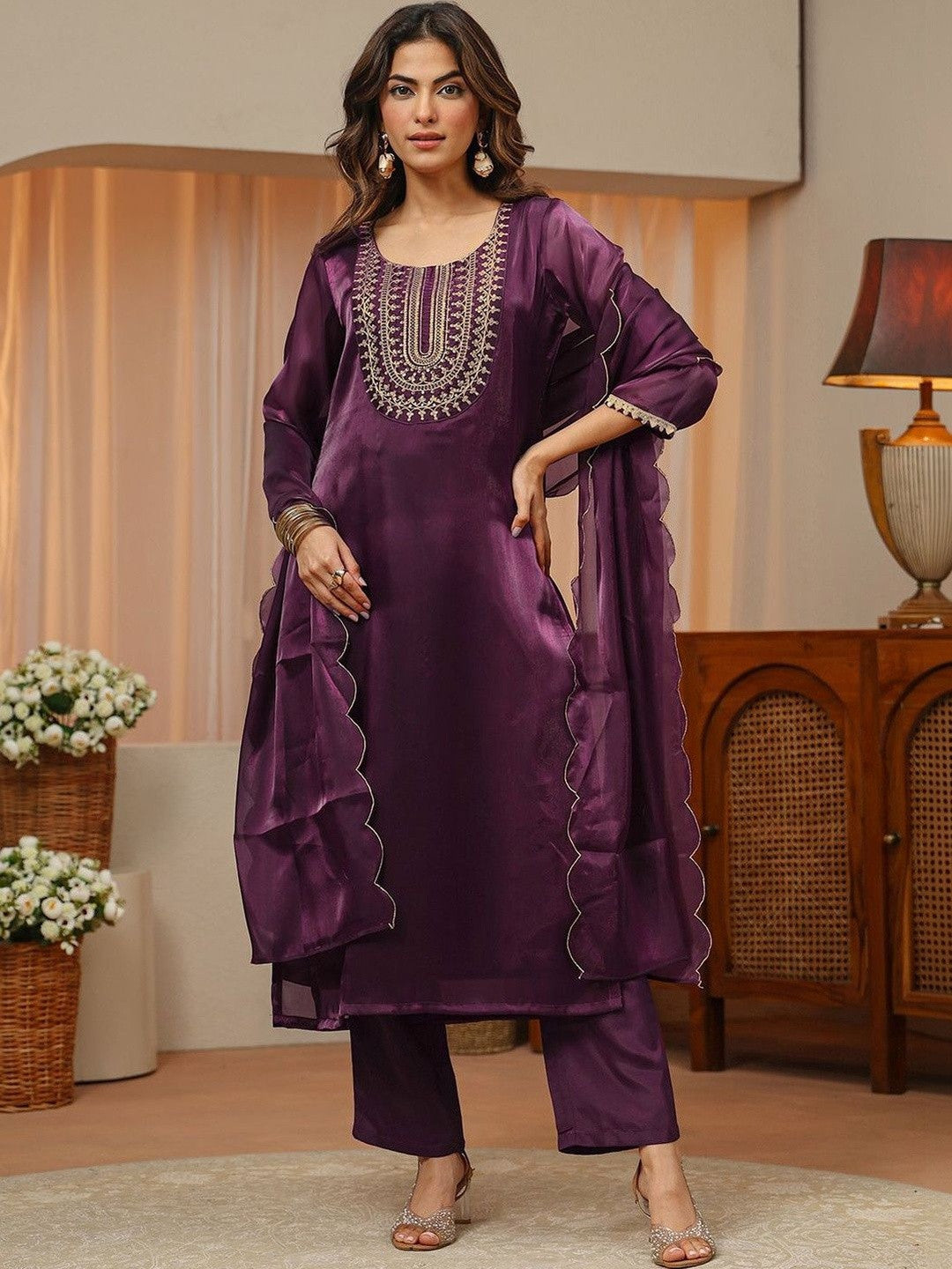 Libas Burgundy Yoke Design Tissue Straight Suit Set