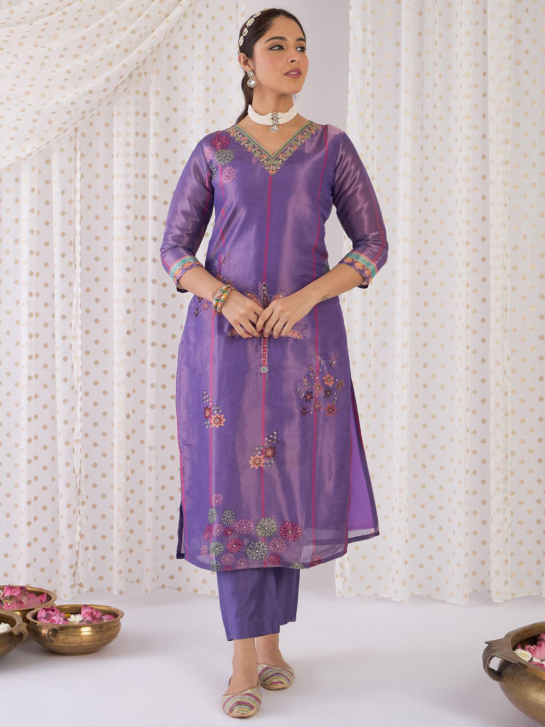 Floral Printed V-Neck Zari Straight Kurta With Trouser And Dupatta