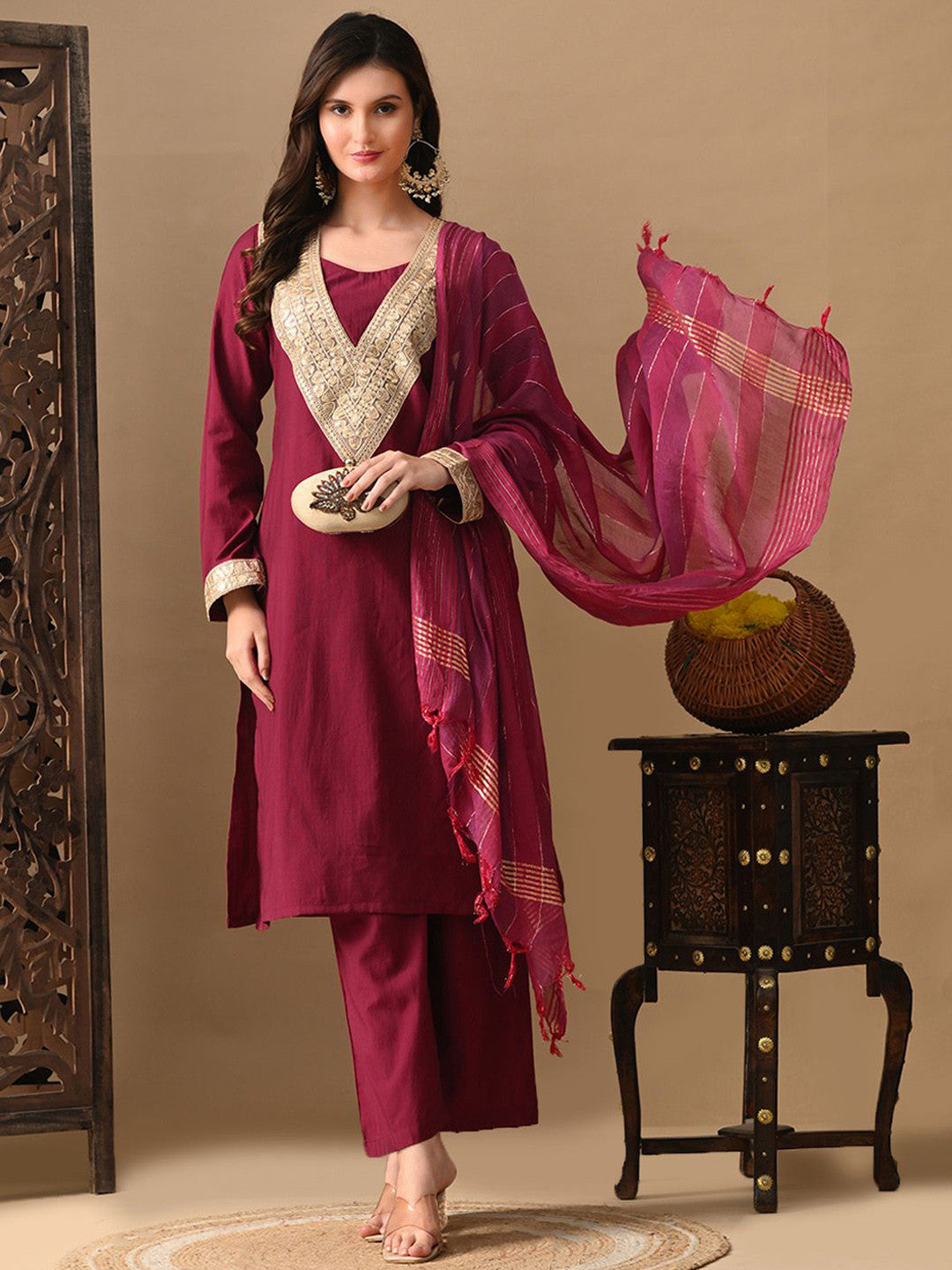 Embroidered Round Neck Long Sleeves Kurta & Trousers With Dupatta